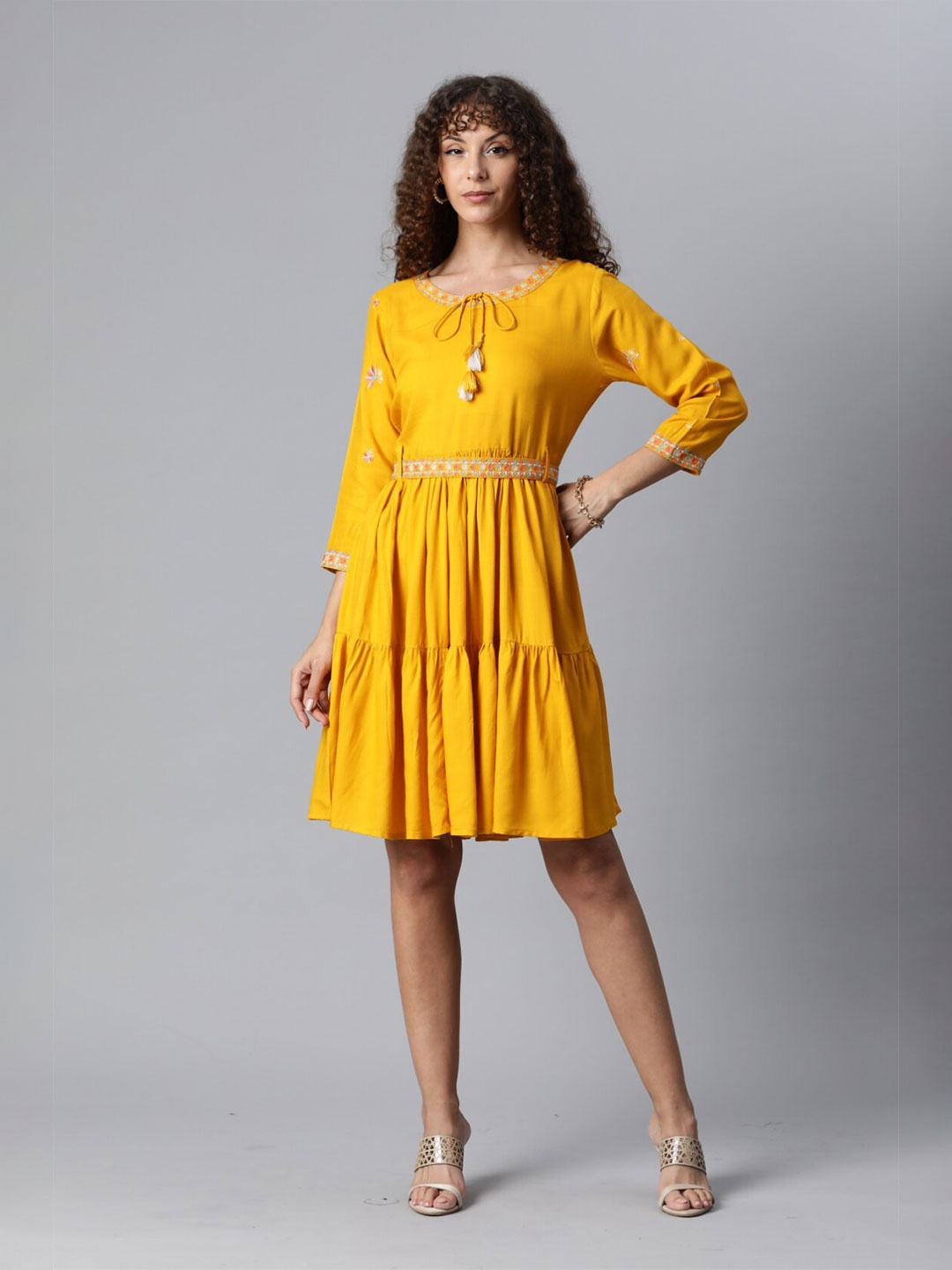 

KALINI Tie-Up Neck Tiered A-Line Dress, Mustard