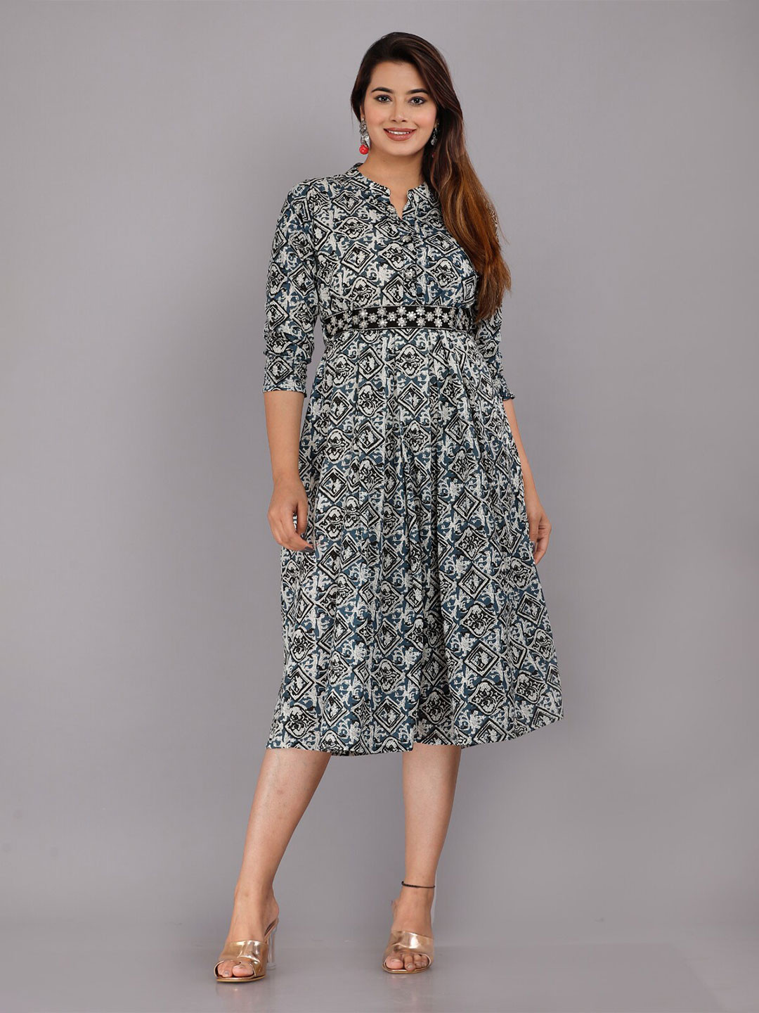 

KALINI Ethnic Motifs Empire Midi Cotton Dress, Blue