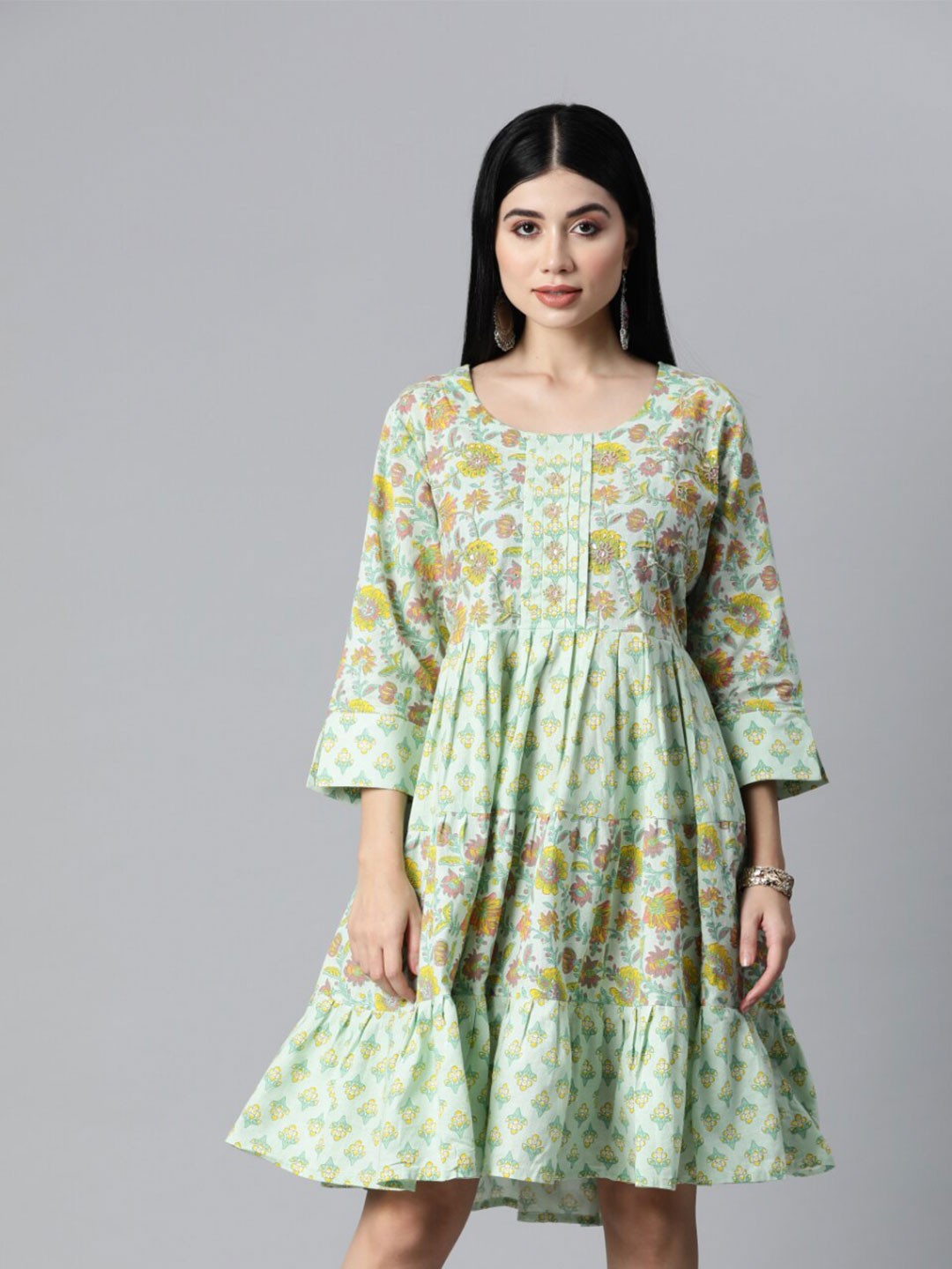 

KALINI Ethnic Motifs Cotton Dress, Green