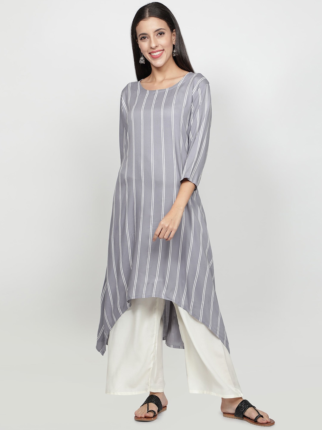 

Fabclub Women Striped Kurta with Palazzos, Grey