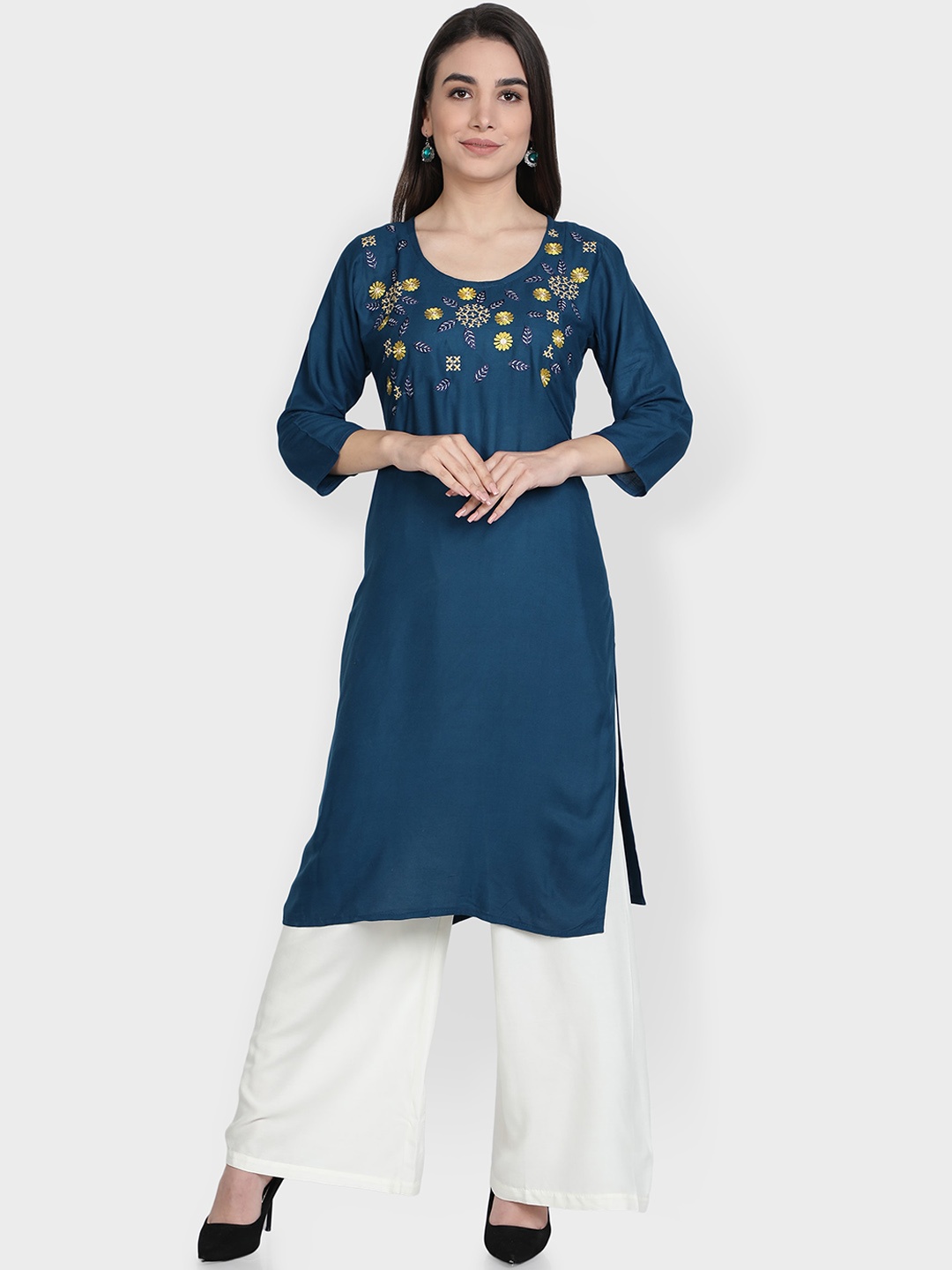 

Fabclub Women Floral Embroidered Empire Kurta with Palazzos, Navy blue