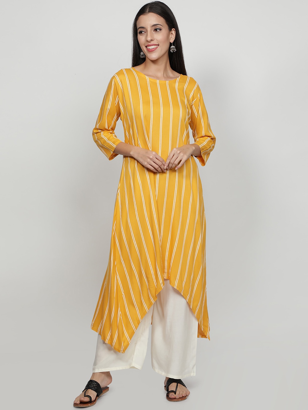 

Fabclub Women Striped Kurta with Palazzos, Yellow