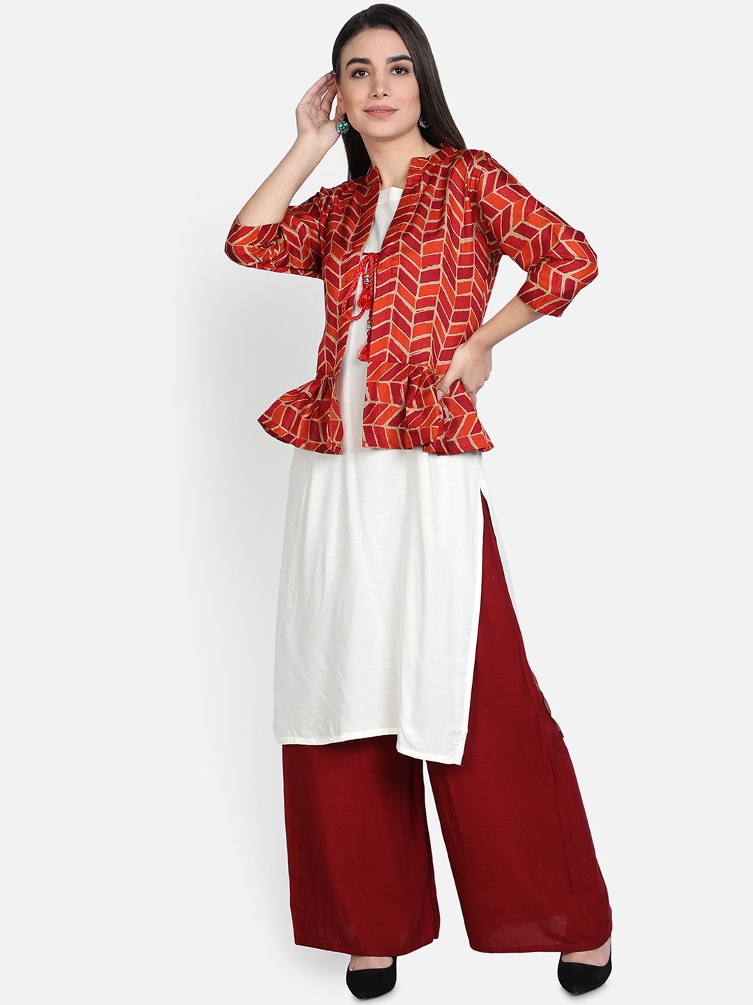 

Fabclub Women Sleeveless Kurta with Palazzos & Jacket, White