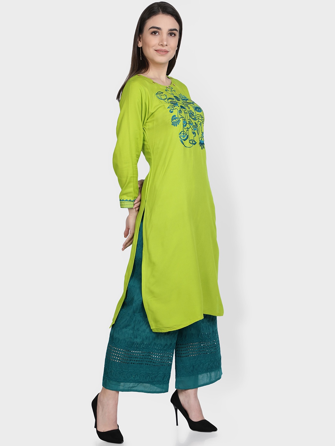 

Fabclub Women Quirky Embroidered Round Neck Kurta with Palazzos, Lime green