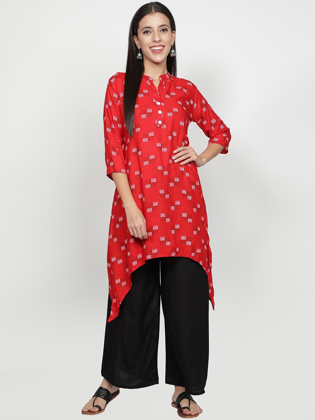 

Fabclub Women Printed Asymmetric Mandarin Collar Kurta with Palazzos, Red