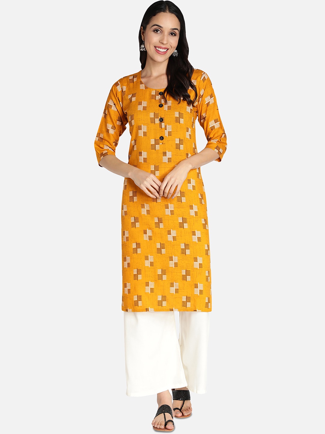 

Fabclub Women Printed Round Neck Kurta with Palazzos, Mustard