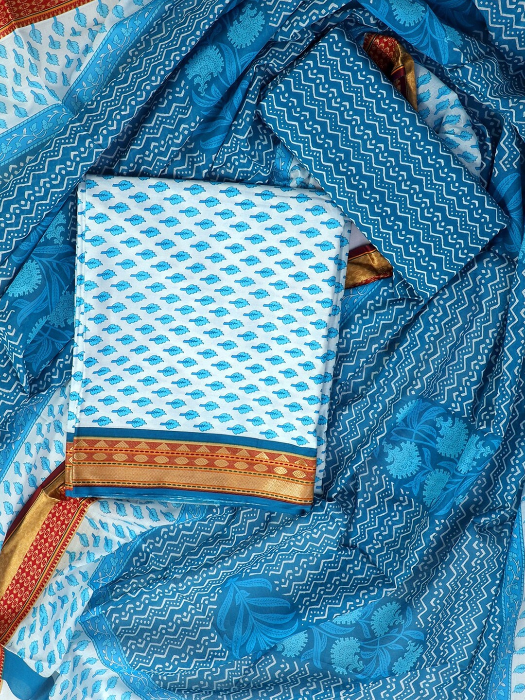 

SALWAR STUDIO Ethnic Motifs Printed Pure Cotton Unstitched Dress Material, Blue