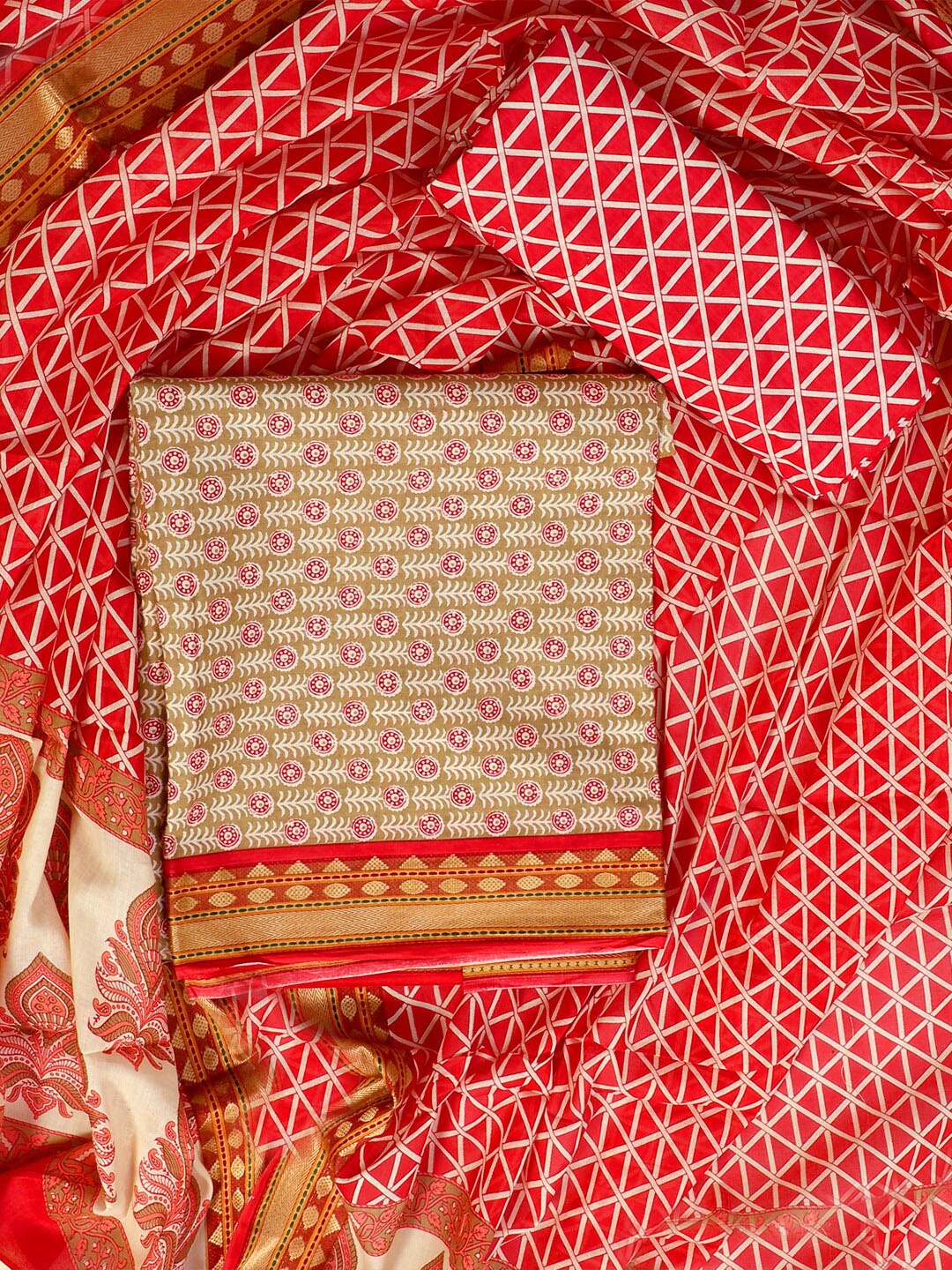 

SALWAR STUDIO Printed Pure Cotton Unstitched Dress Material, Beige