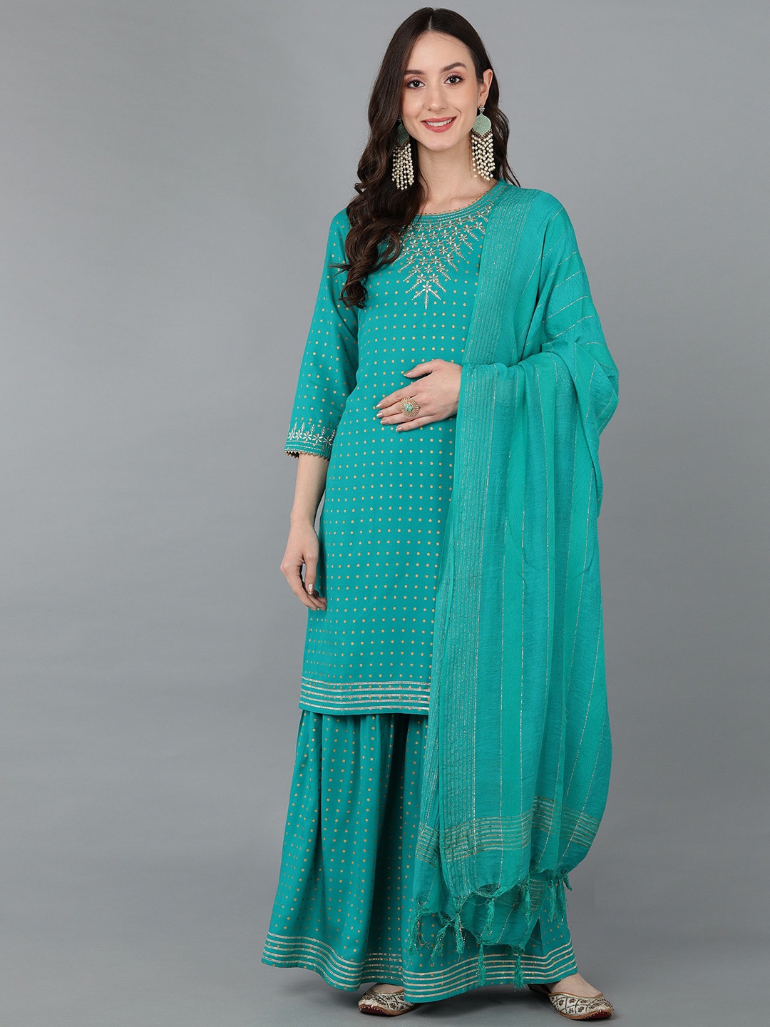 

Senyora Women Printed Thread Work Pure Cotton Kurta with Sharara & Dupatta, Turquoise blue