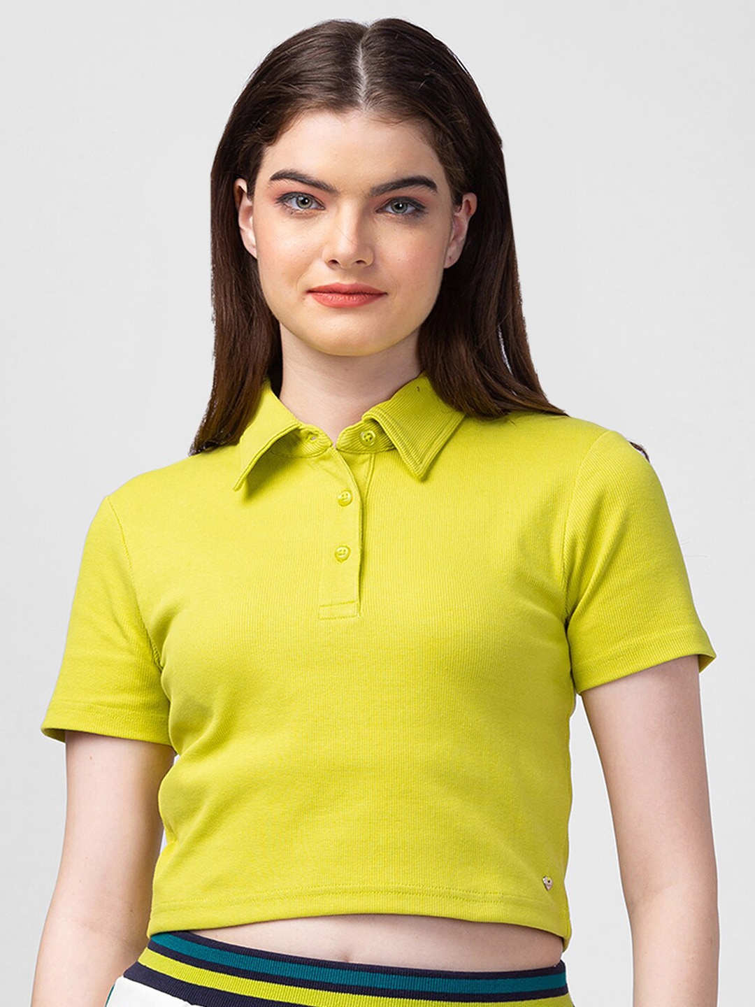 

SPYKAR Women Typography Printed Polo Collar Slim Fit Cotton T-shirt, Lime green