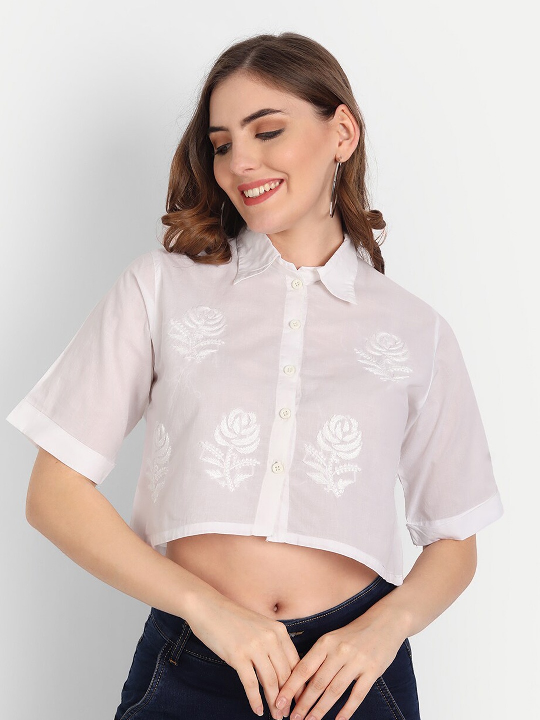 

Indiankala4u Floral Embroidered Shirt Style Cotton Crop Top, White