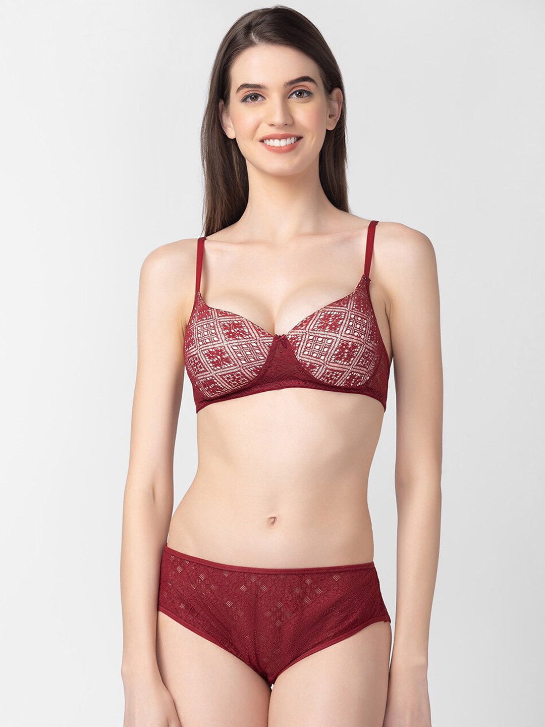 

Candyskin Self-Design Lace Lingerie Set CSB234Maroon, Maroon