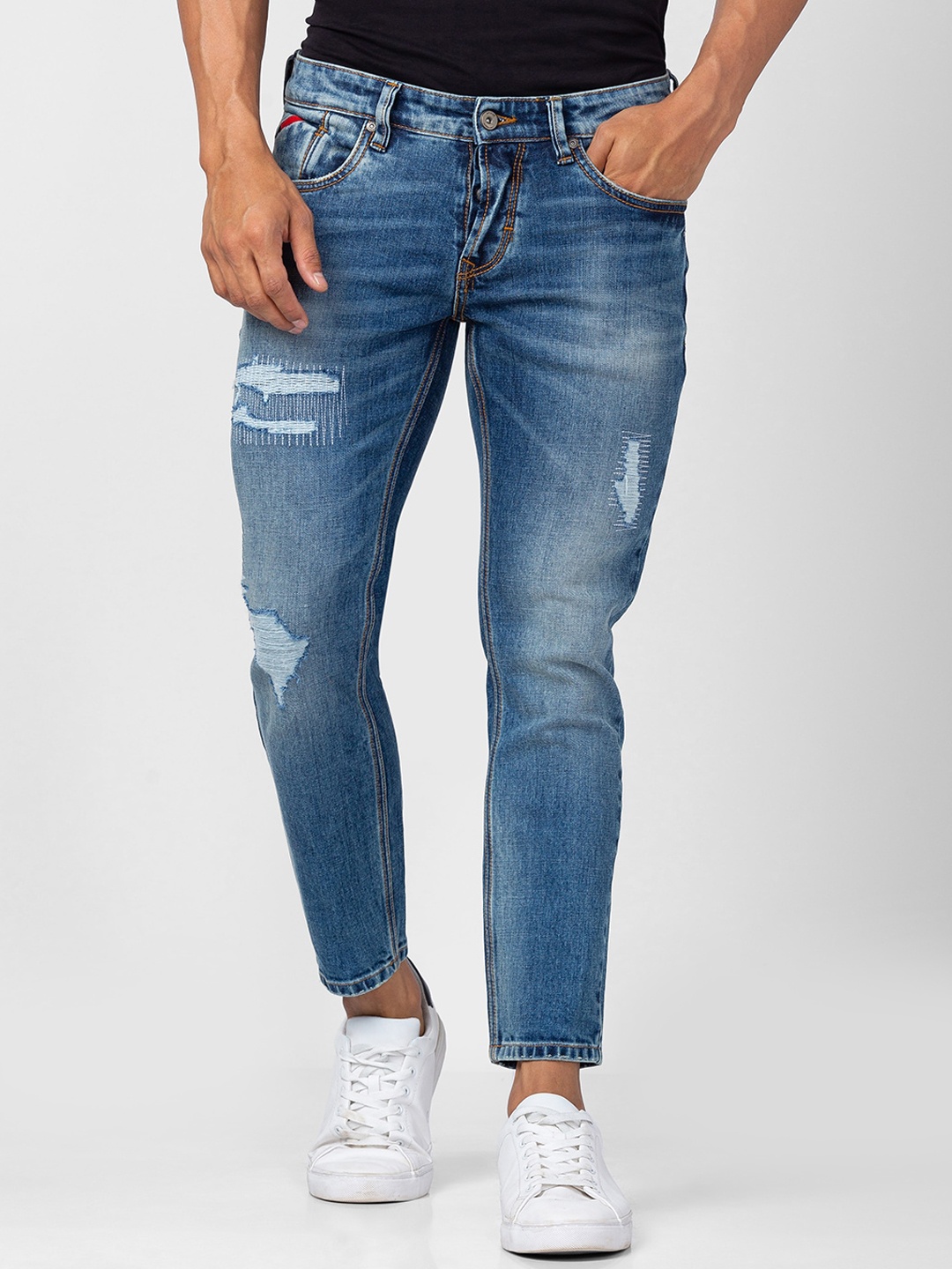 

SPYKAR Men Cotton Kano Slim Fit Mildly Distressed Heavy Fade Jeans, Blue