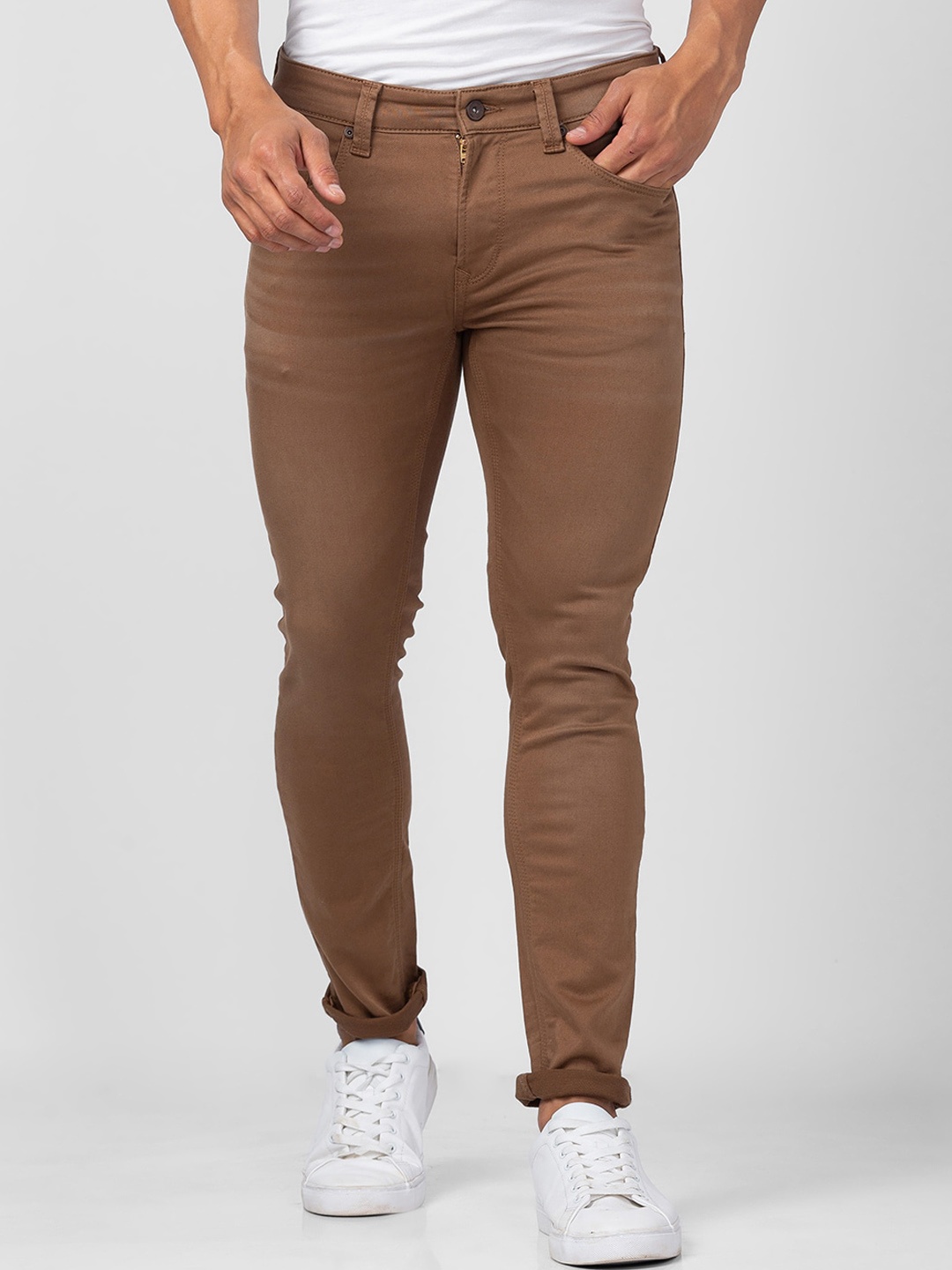 

SPYKAR Men Super Skinny Fit Low-Rise Light Fade Cotton Jeans, Brown