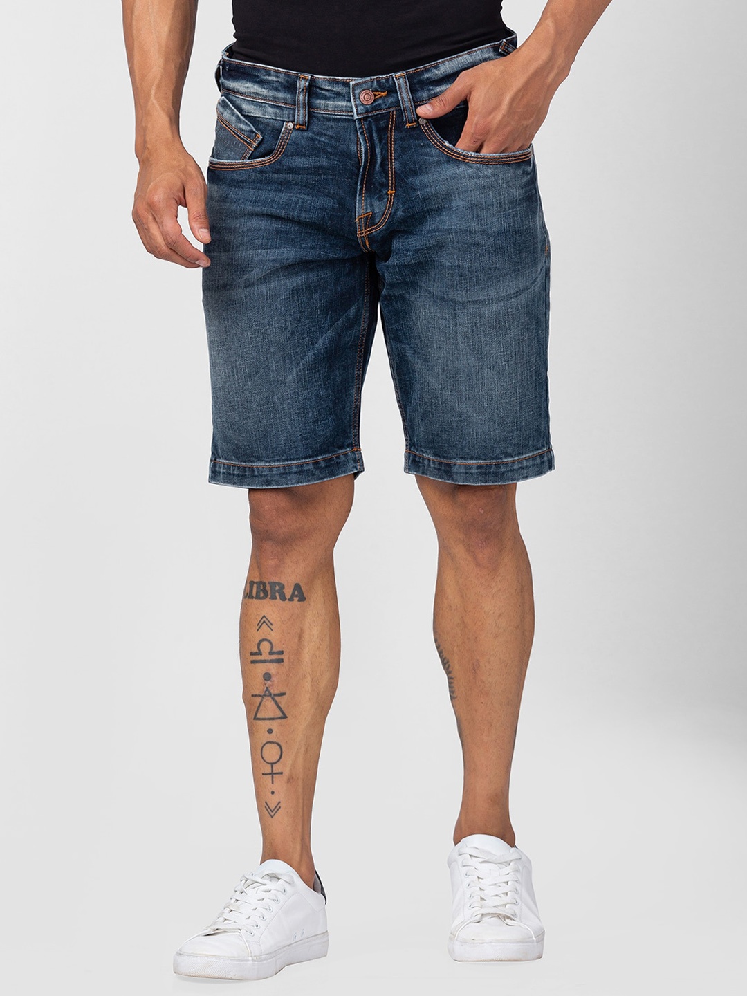 SPYKAR Men Washed Cotton Regular Fit Denim Shorts, Navy blue