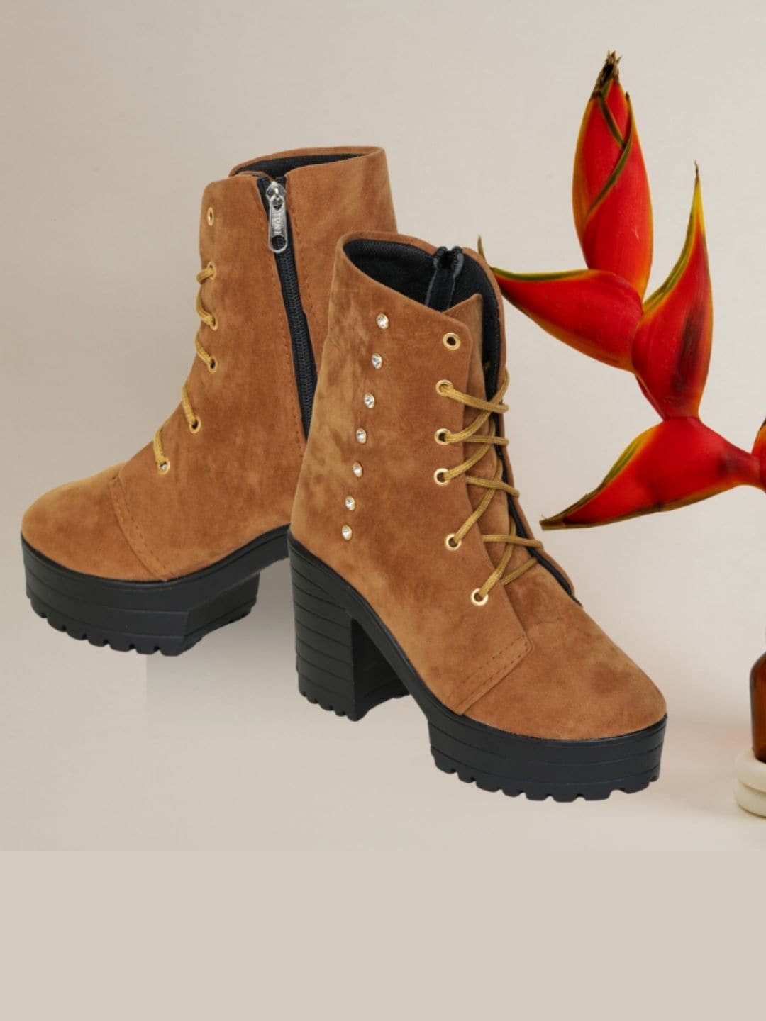 

Funku Fashion Women Lace-Ups Ankle Length Winter Boots, Tan