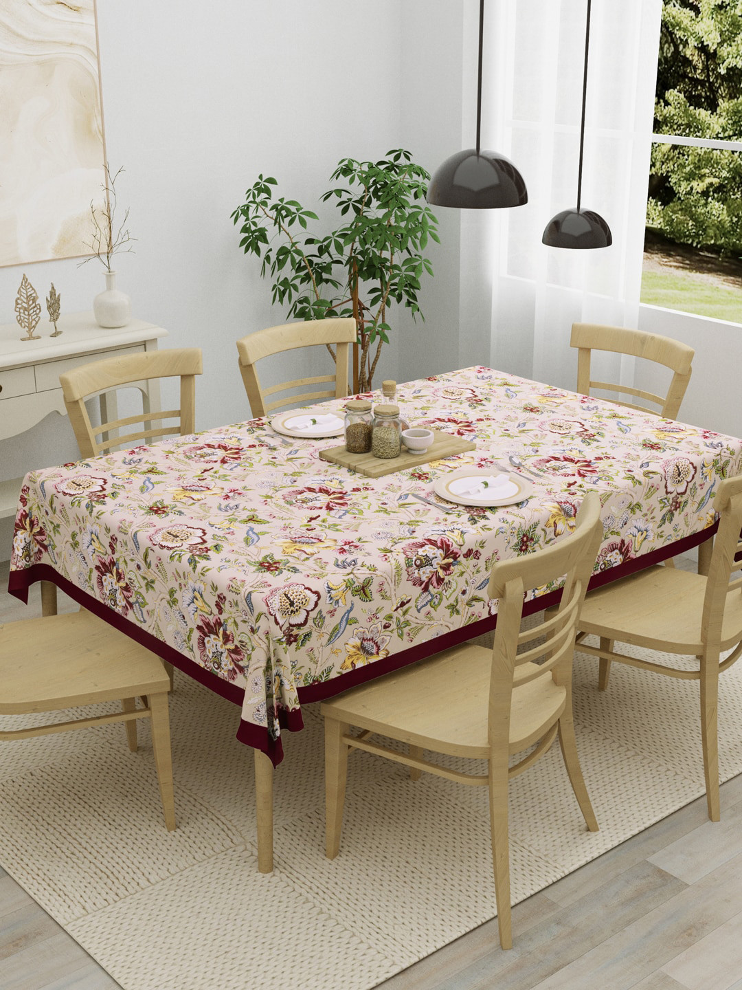 

Clasiko Beige & Maroon Floral Printed Cotton Rectangular 6-Seater Table Cover