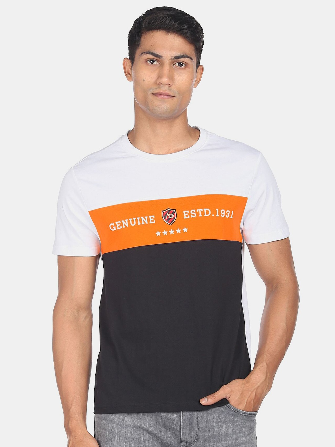 

AD By Arvind Men Colourblocked Cotton T-shirt, Black