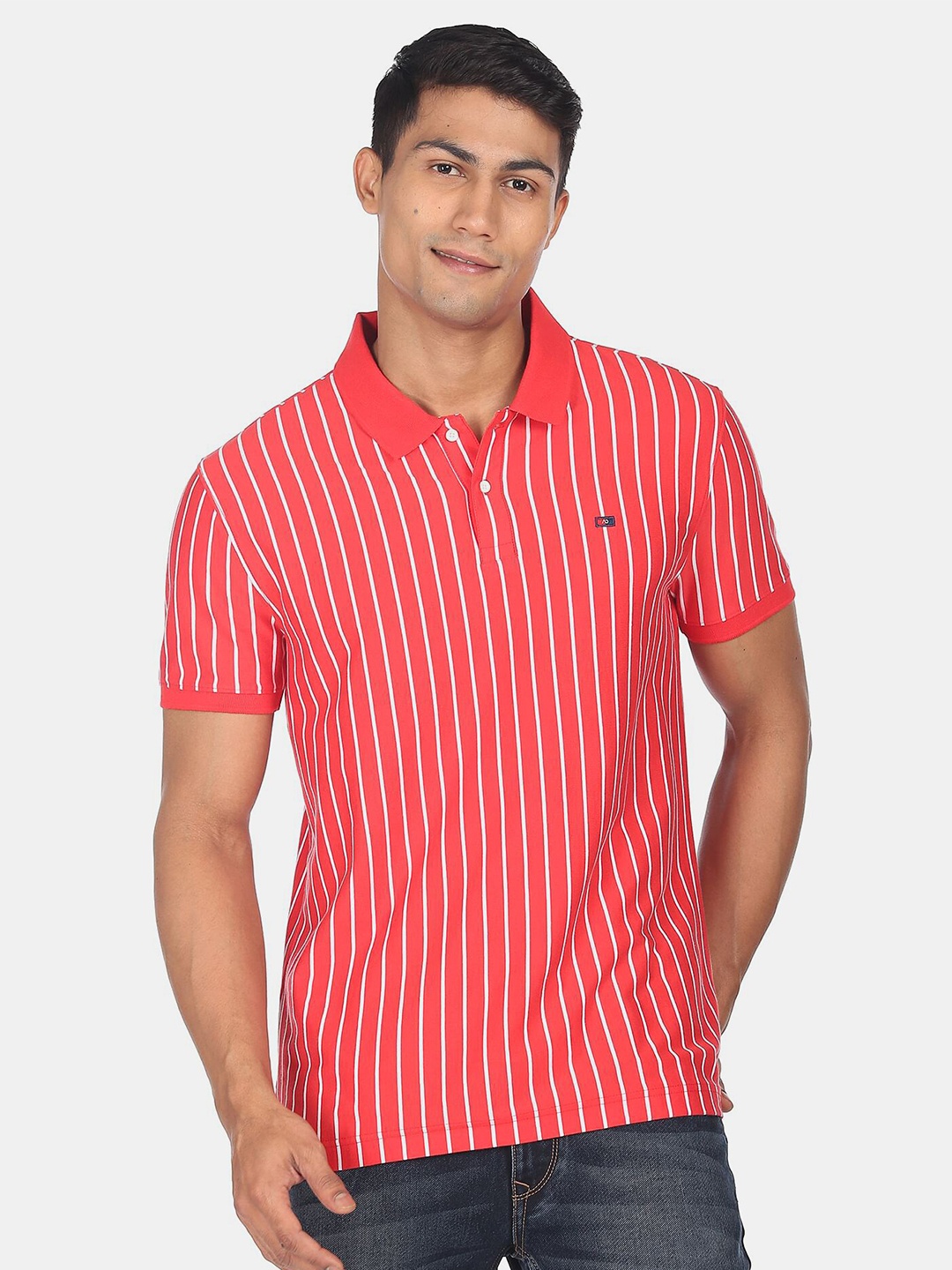

AD By Arvind Men Striped Polo Collar Slim Fit Pure Cotton T-shirt, Red
