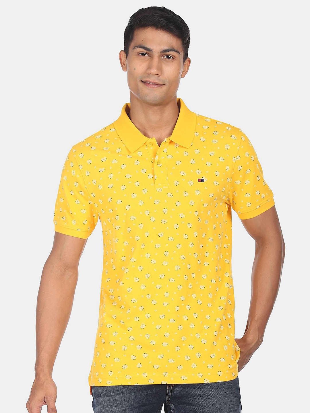 

AD By Arvind Men Yellow Printed Polo Collar Slim Fit Pure Cotton T-shirt
