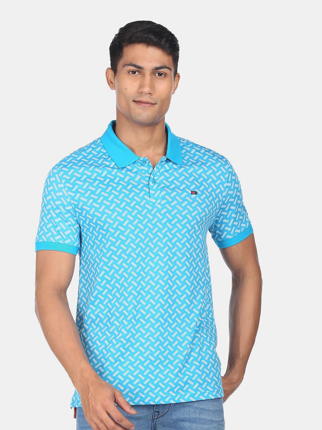 

AD By Arvind Men Printed Polo Collar Slim Fit Pure Cotton T-shirt, Blue