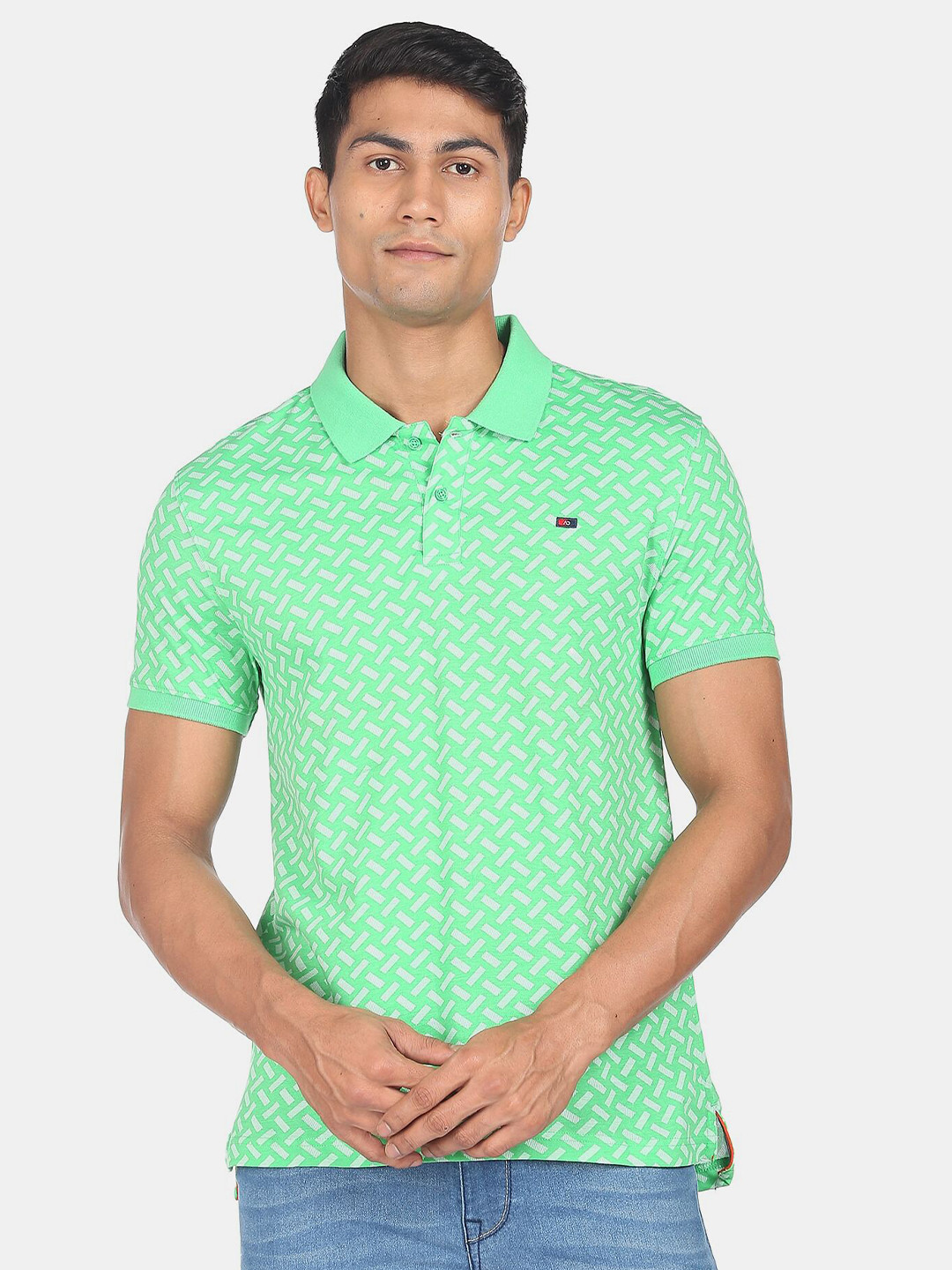 

AD By Arvind Men Green Printed Polo Collar Slim Fit Pure Cotton T-shirt