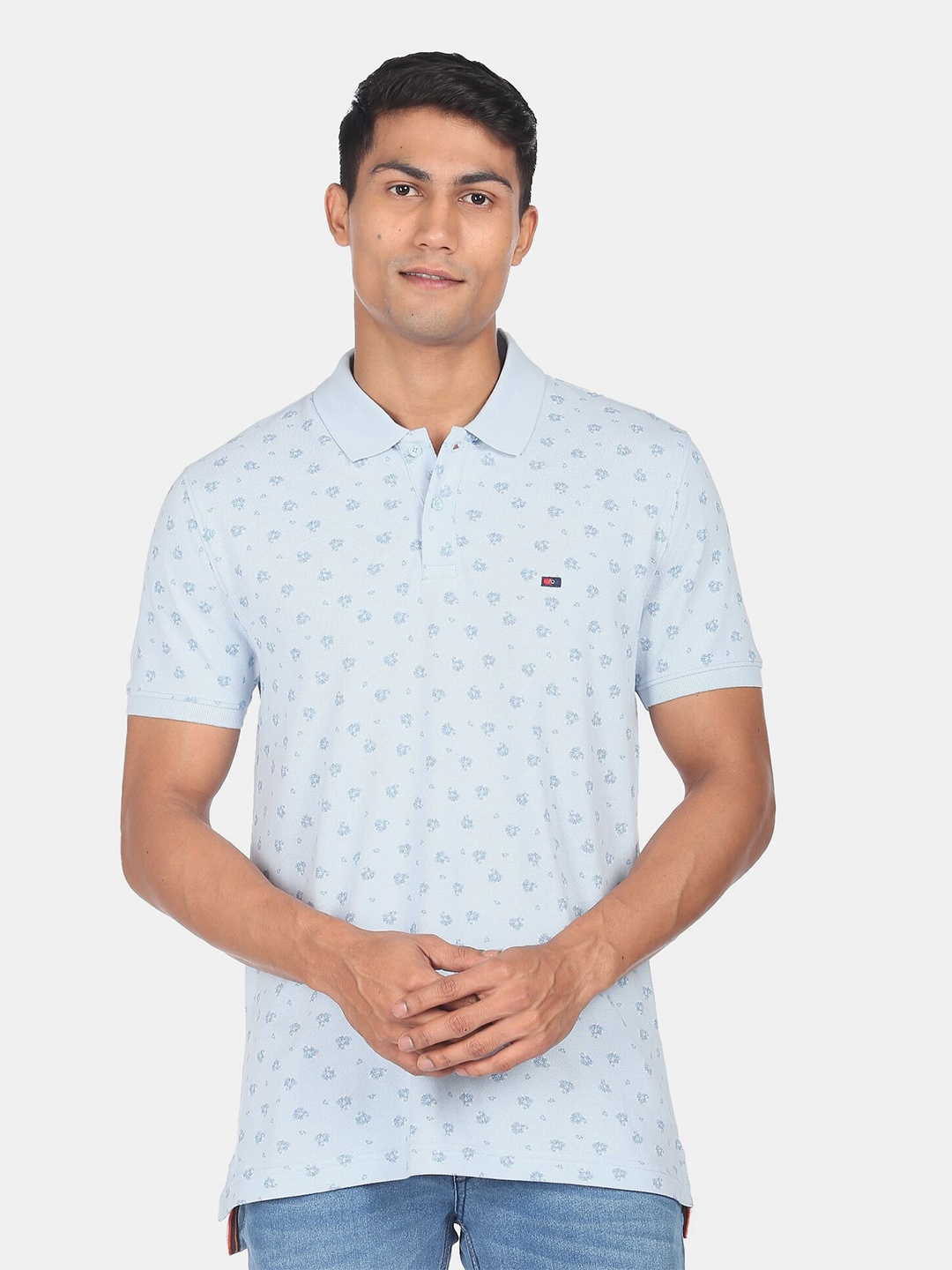

AD By Arvind Men Printed Polo Collar Slim Fit Pure Cotton T-shirt, Blue