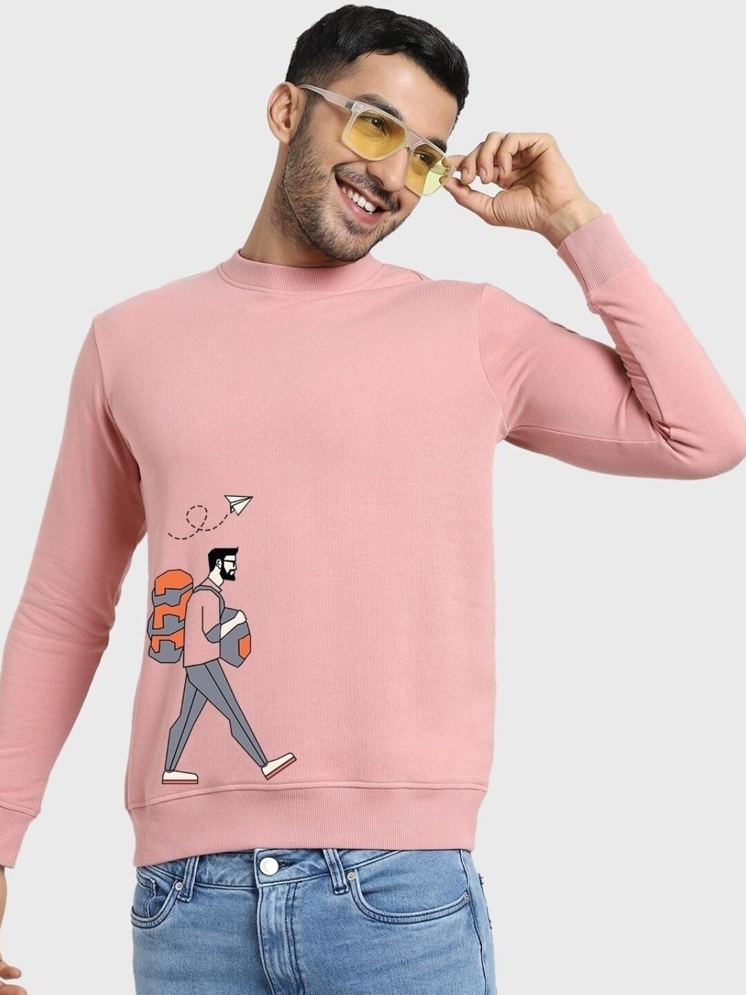 

Bewakoof Men Printed Fleece Sweatshirt, Pink