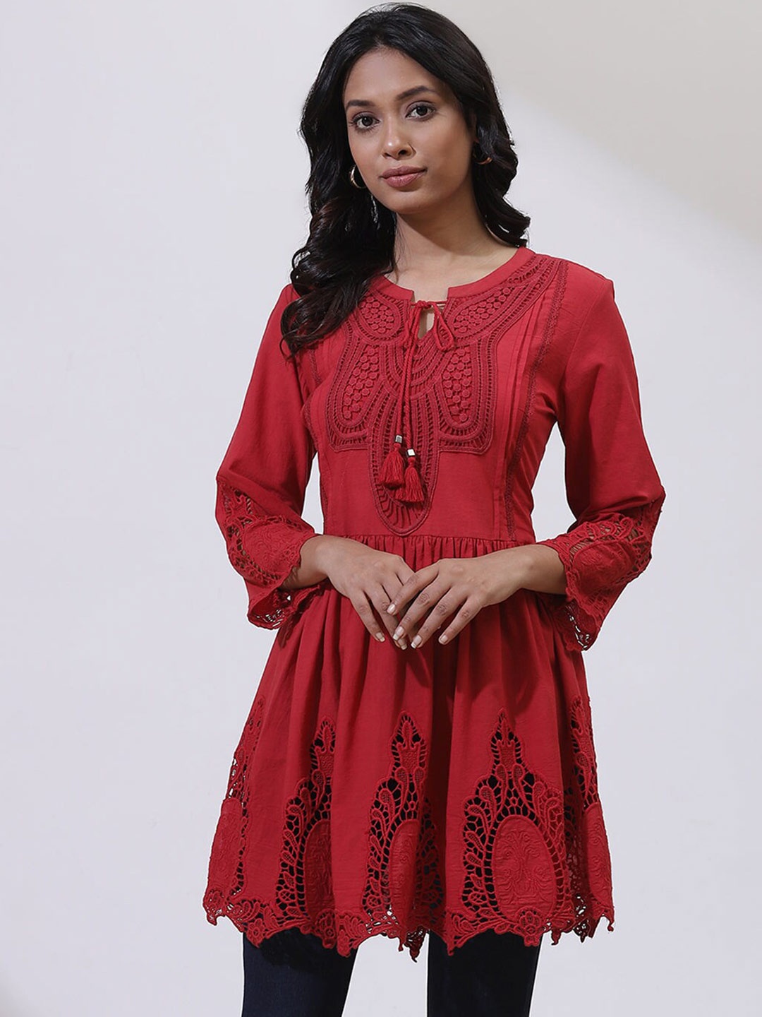 

Lakshita Schiffli Embroidery Cotton Tunic, Red