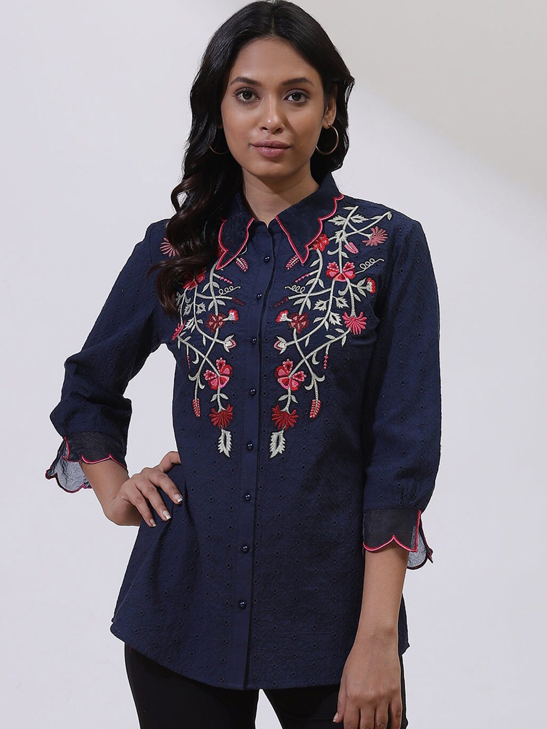 

Lakshita Shirt Collar Floral Embroidered Tunic, Blue