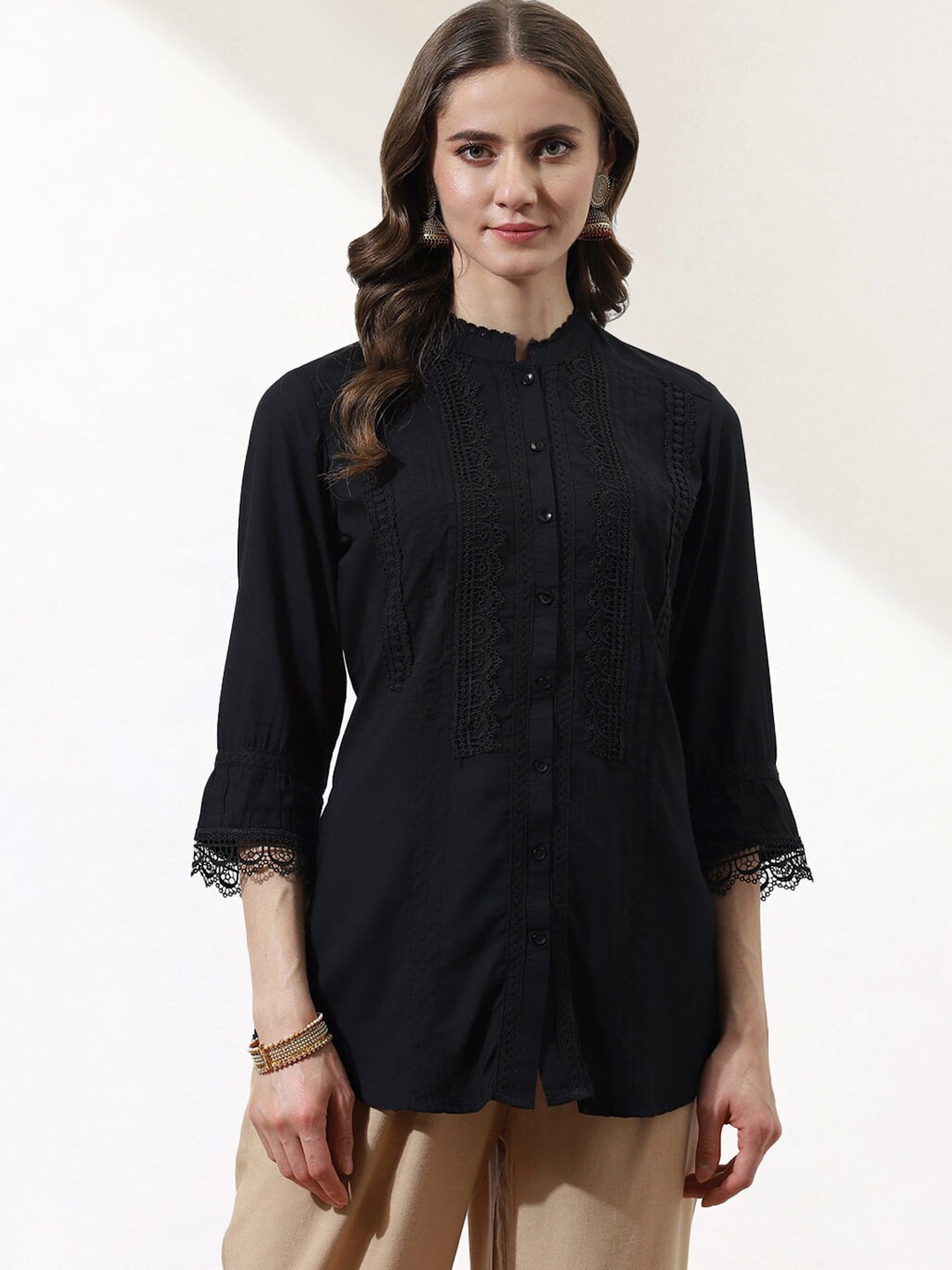 

Lakshita Mandarin Collar Embroidered Pintuck Tunic, Black