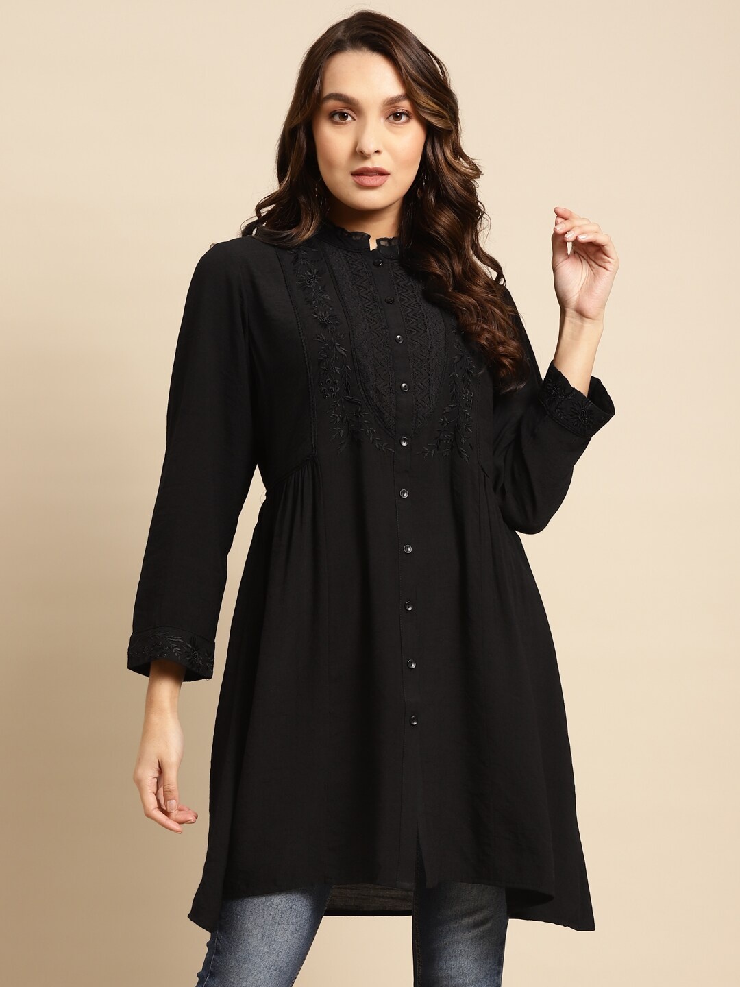 

Lakshita Mandarin Collar Lace Inserted Tunic, Black