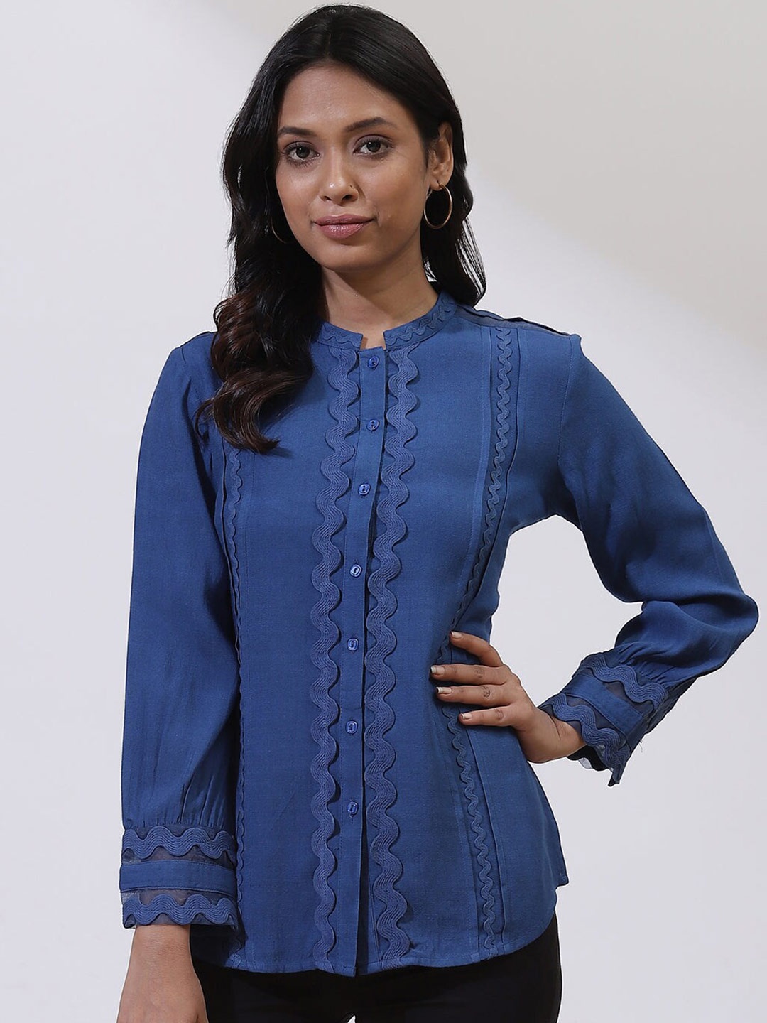 

Lakshita Mandarin Collar Embroidered Indigo Tunic, Blue