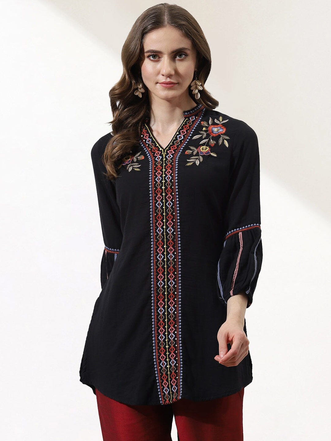 

Lakshita Mandarin Collar Floral Embroidered Cotton Tunic, Black