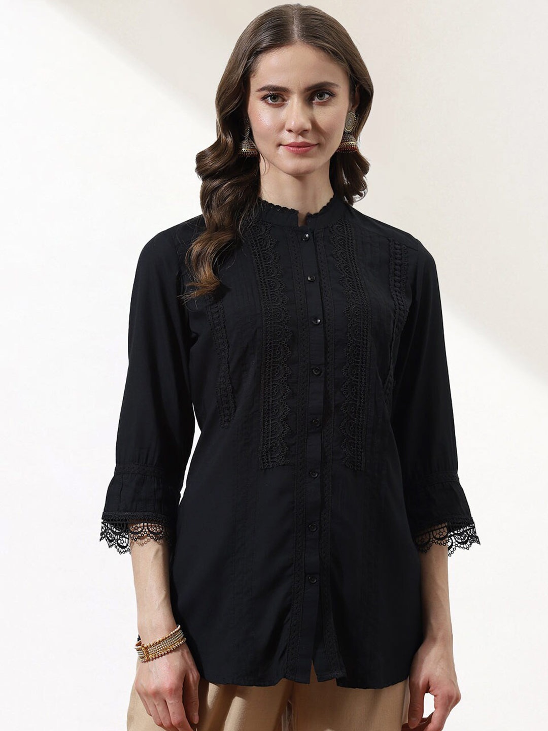 

Lakshita Mandarin Collar Embroidered Pintuck Tunic, Black