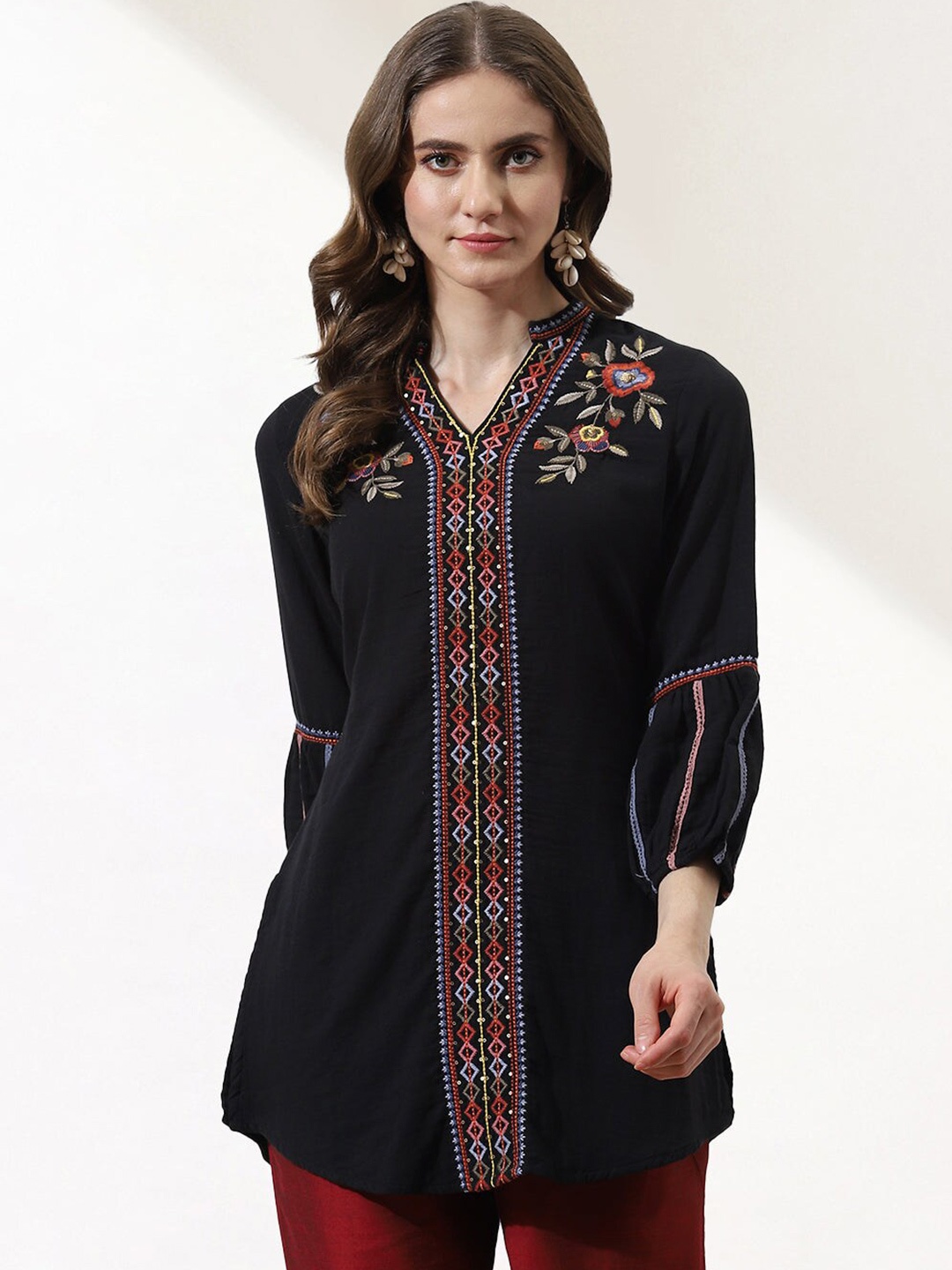 

Lakshita Mandarin Collar Floral Embroidered Cotton Tunic, Black