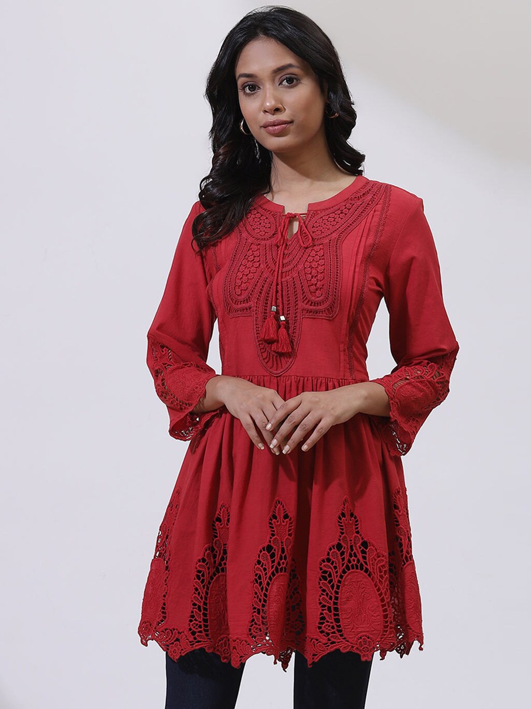 

Lakshita Schiffli Embroidered Cotton Tunic, Red