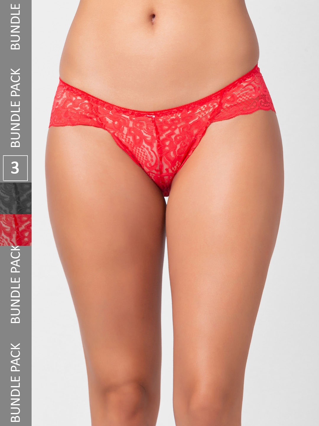 

FashionRack Women Pack Of 3 Self-Design Lace Hipster Briefs, Assorted