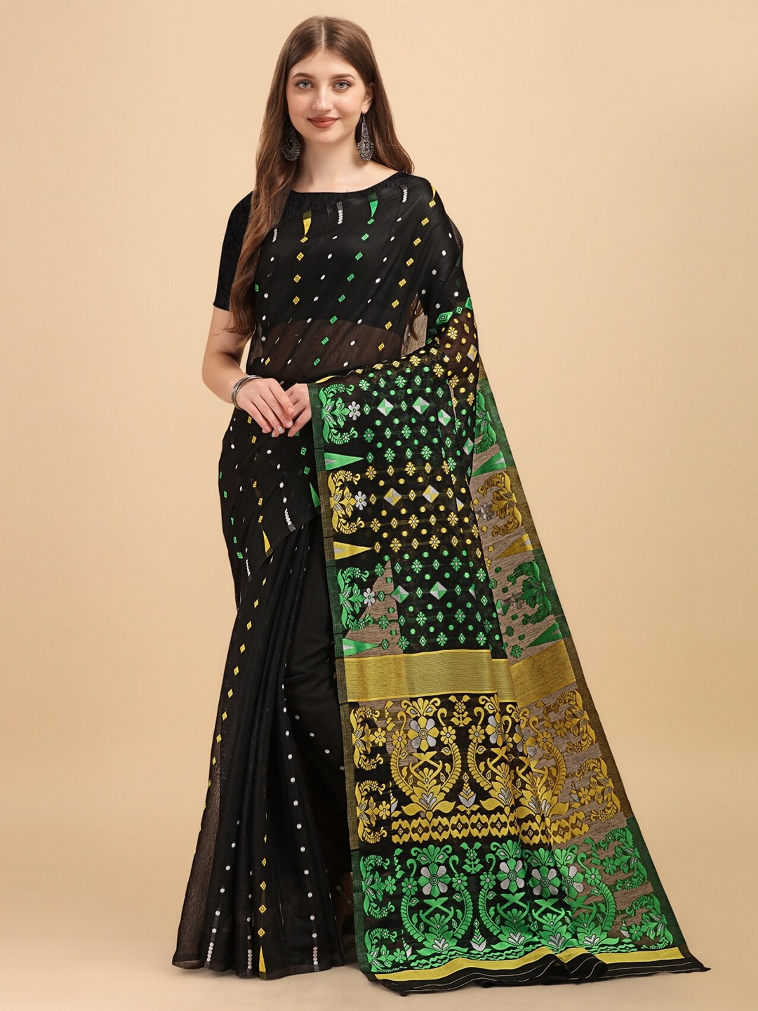 

TEREZA Ethnic Motifs Zari Silk Cotton Jamdani Saree, Black