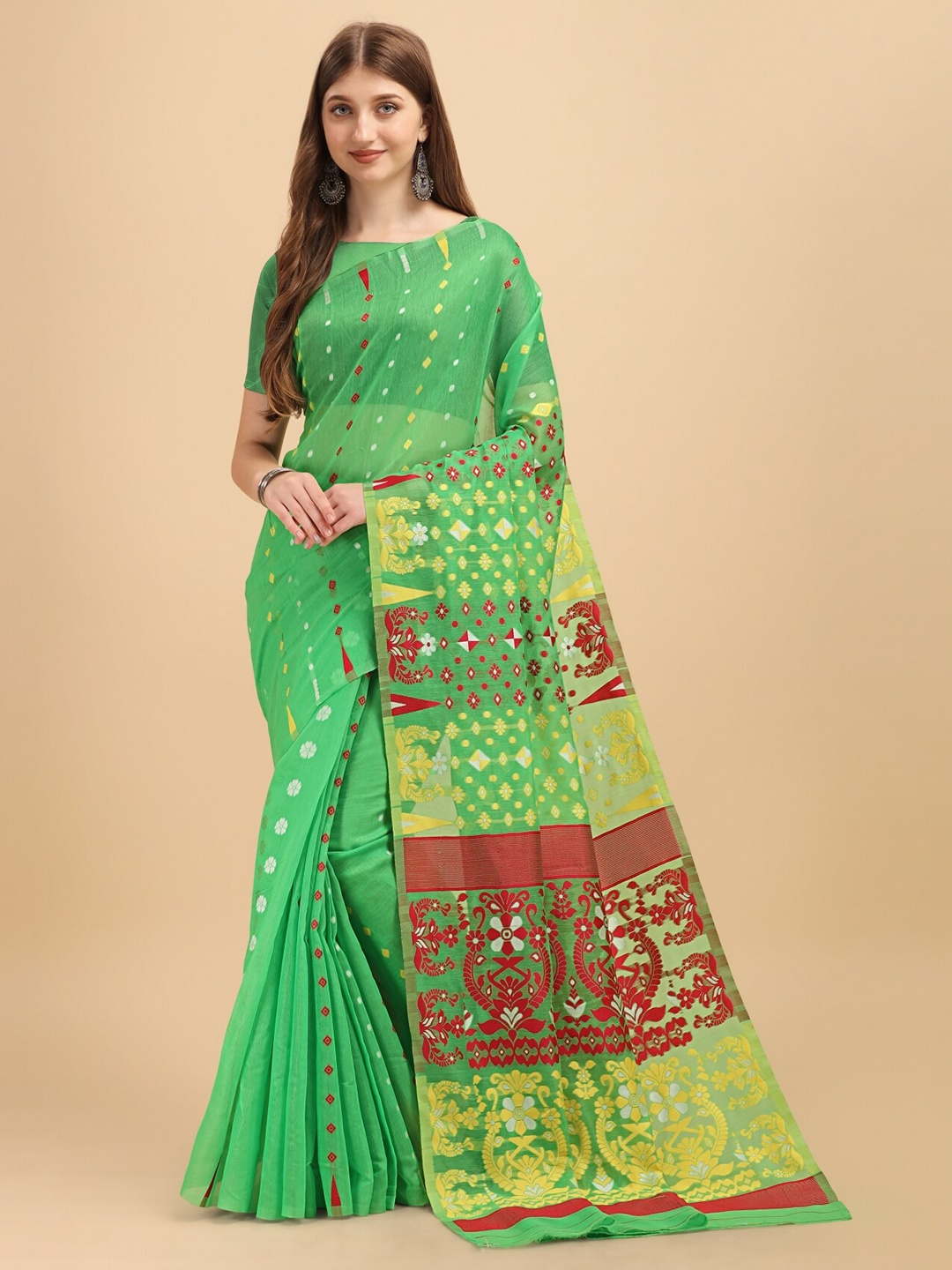 

TEREZA Ethnic Motifs Zari Silk Cotton Jamdani Saree, Fluorescent green