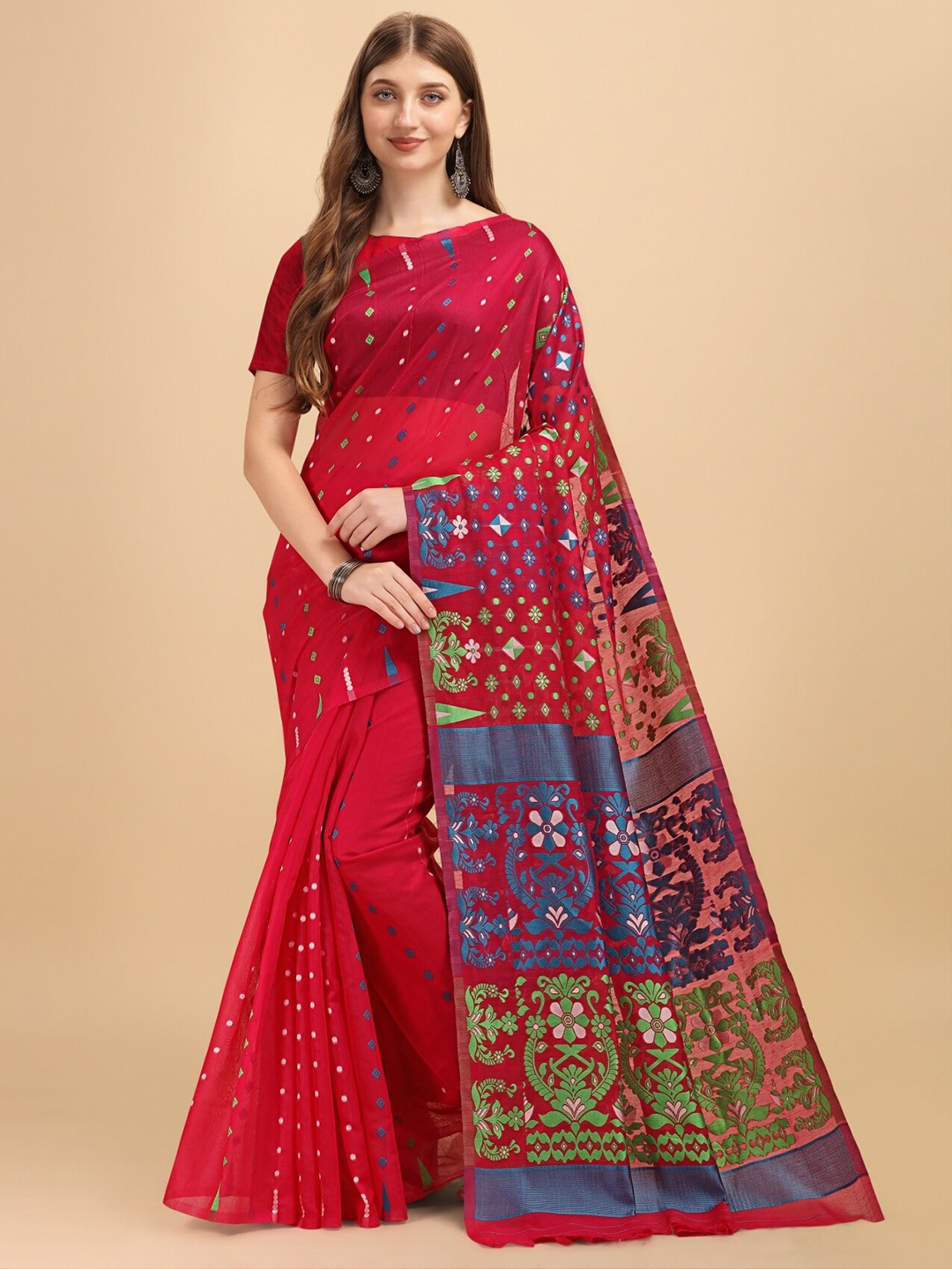 

TEREZA Ethnic Motifs Zari Silk Cotton Jamdani Saree, Red