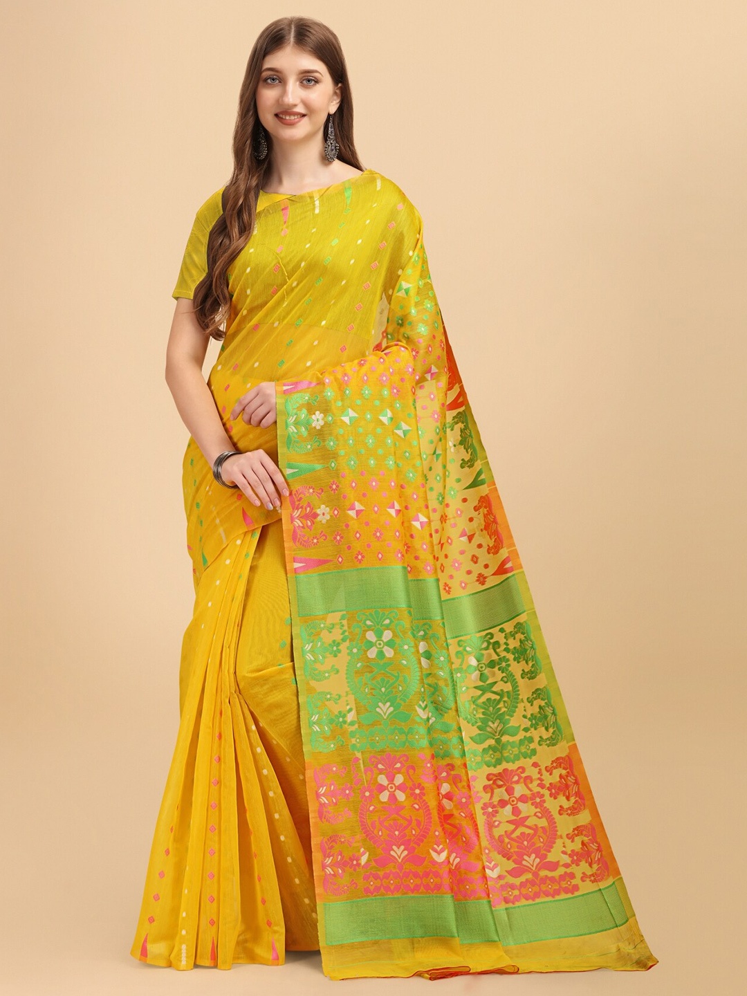 

TEREZA Ethnic Motifs Zari Silk Cotton Jamdani Saree, Yellow
