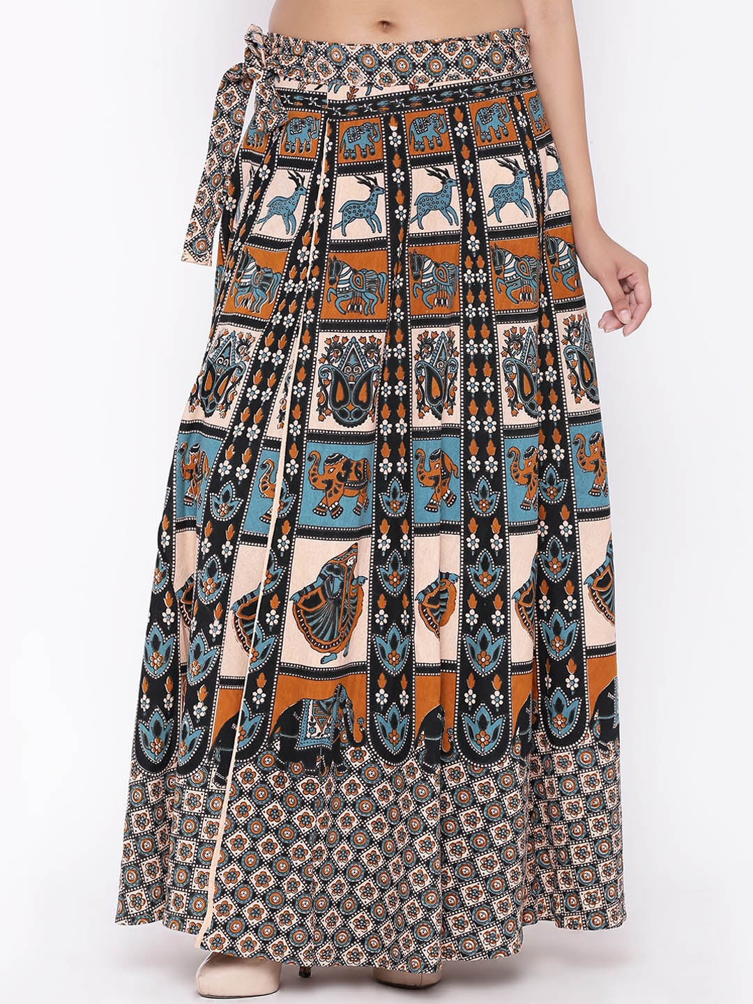

SOUNDARYA Ethnic Motifs Printed Pure Cotton Maxi Skirt, Beige