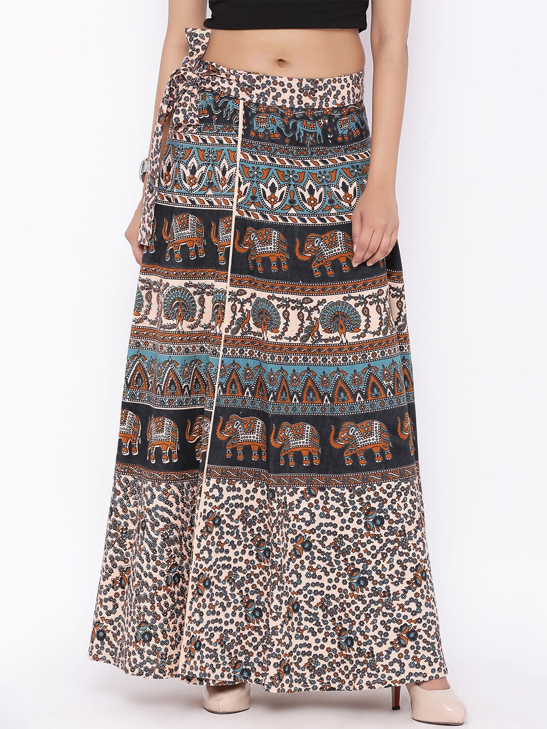 

SOUNDARYA Ethnic Motifs Printed Pure Cotton Maxi Skirt, Beige