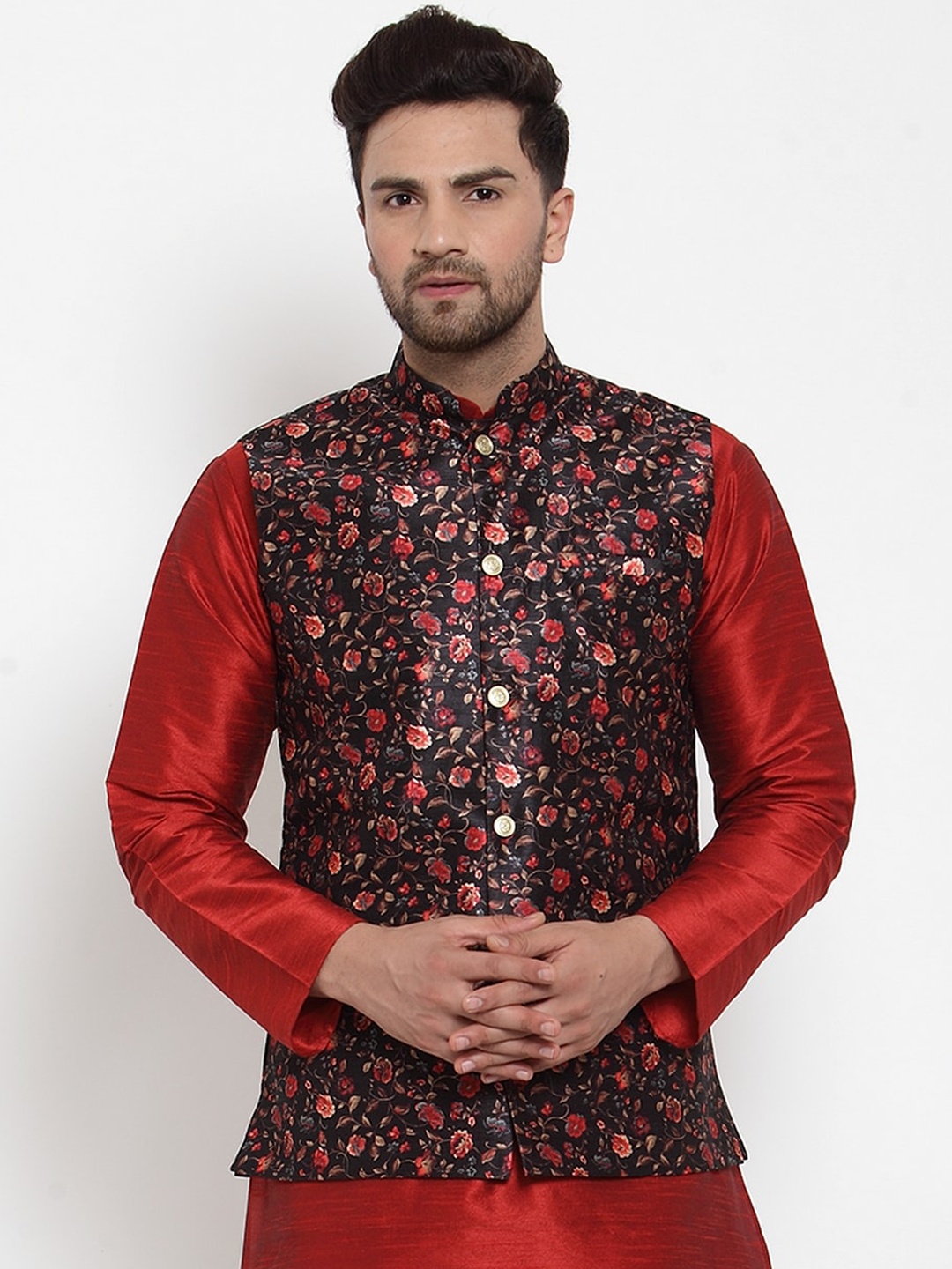

KRAFT INDIA Men Floral Printed Nehru Jacket, Black