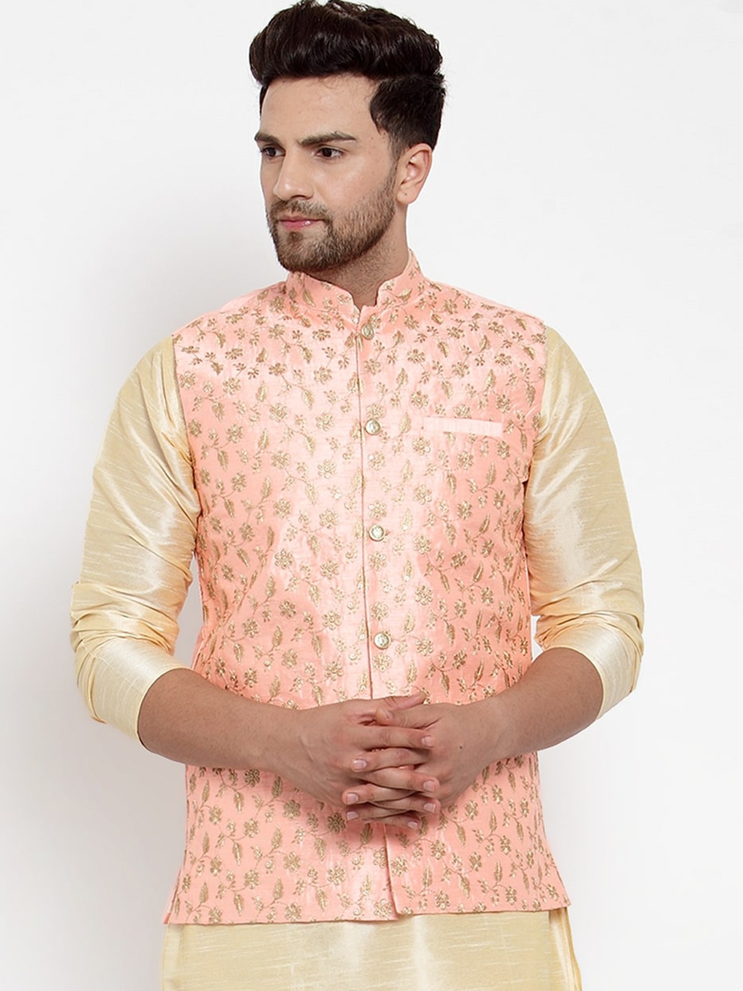 

KRAFT INDIA Men Floral Embroidered Nehru Jacket, Peach