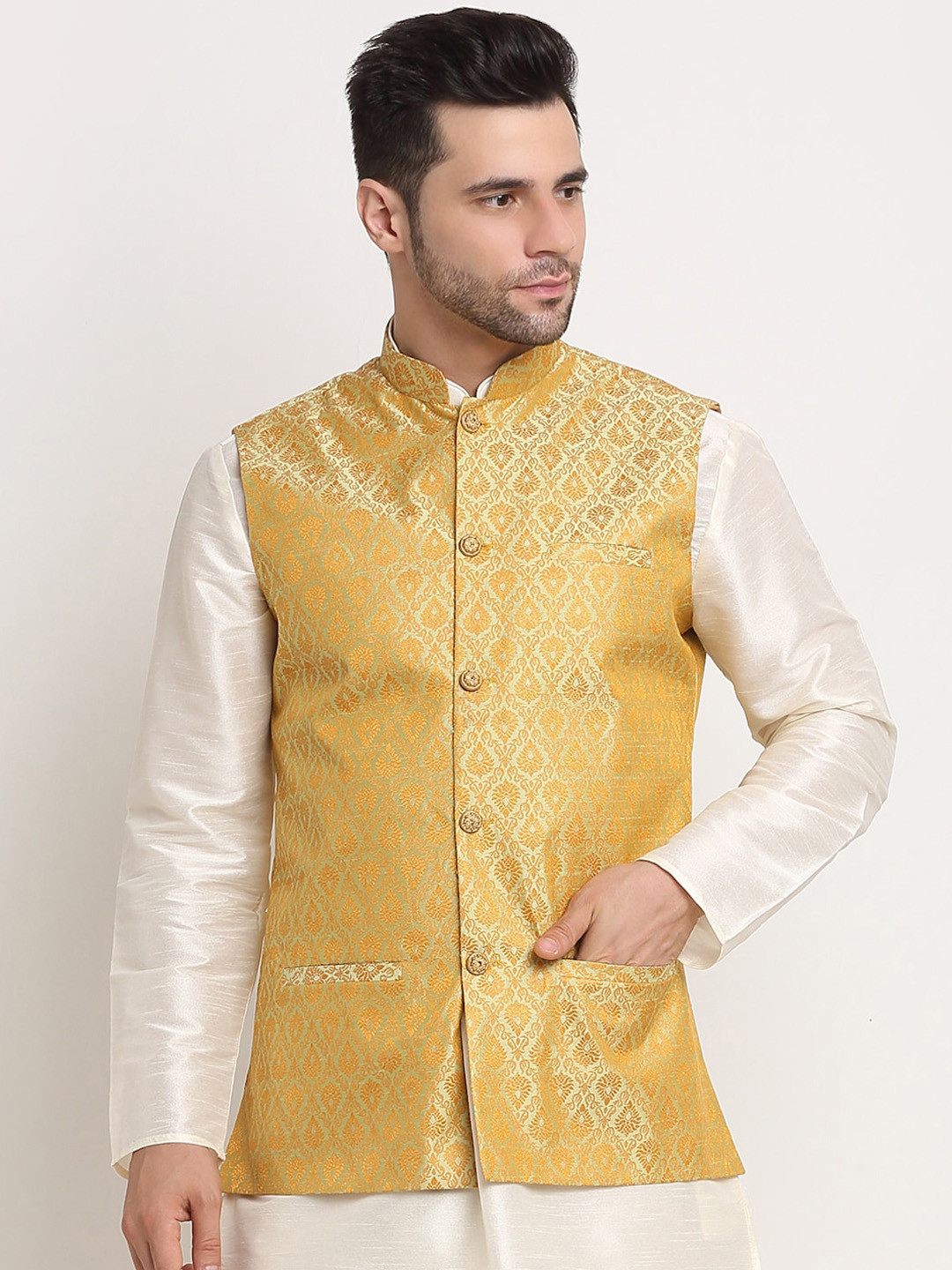 

KRAFT INDIA Men Jacquard Woven Design Nehru Jacket, Green