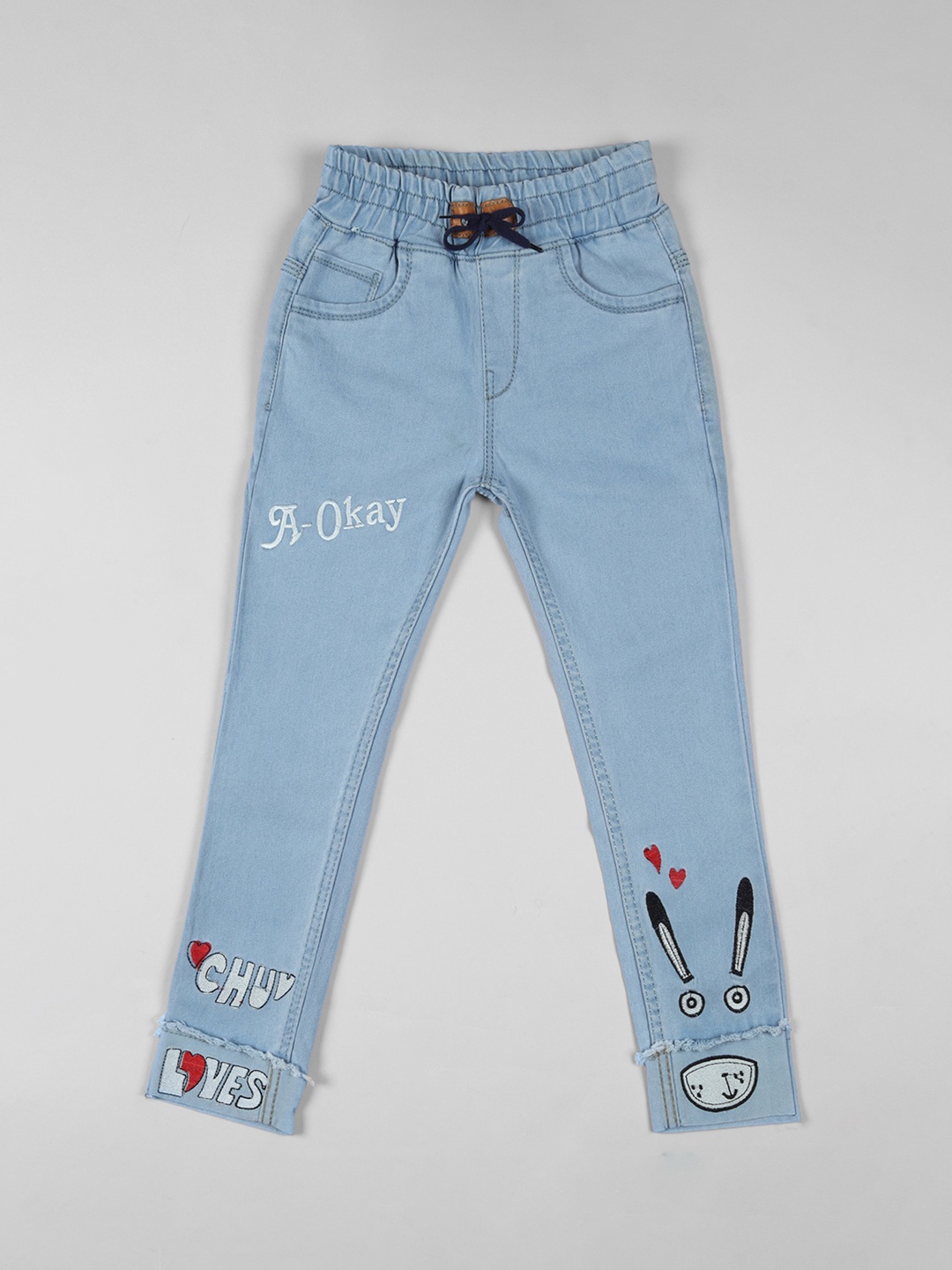 

A-Okay Girls Cotton Slim Fit High-Rise Cuffed Hem Jeans, Turquoise blue