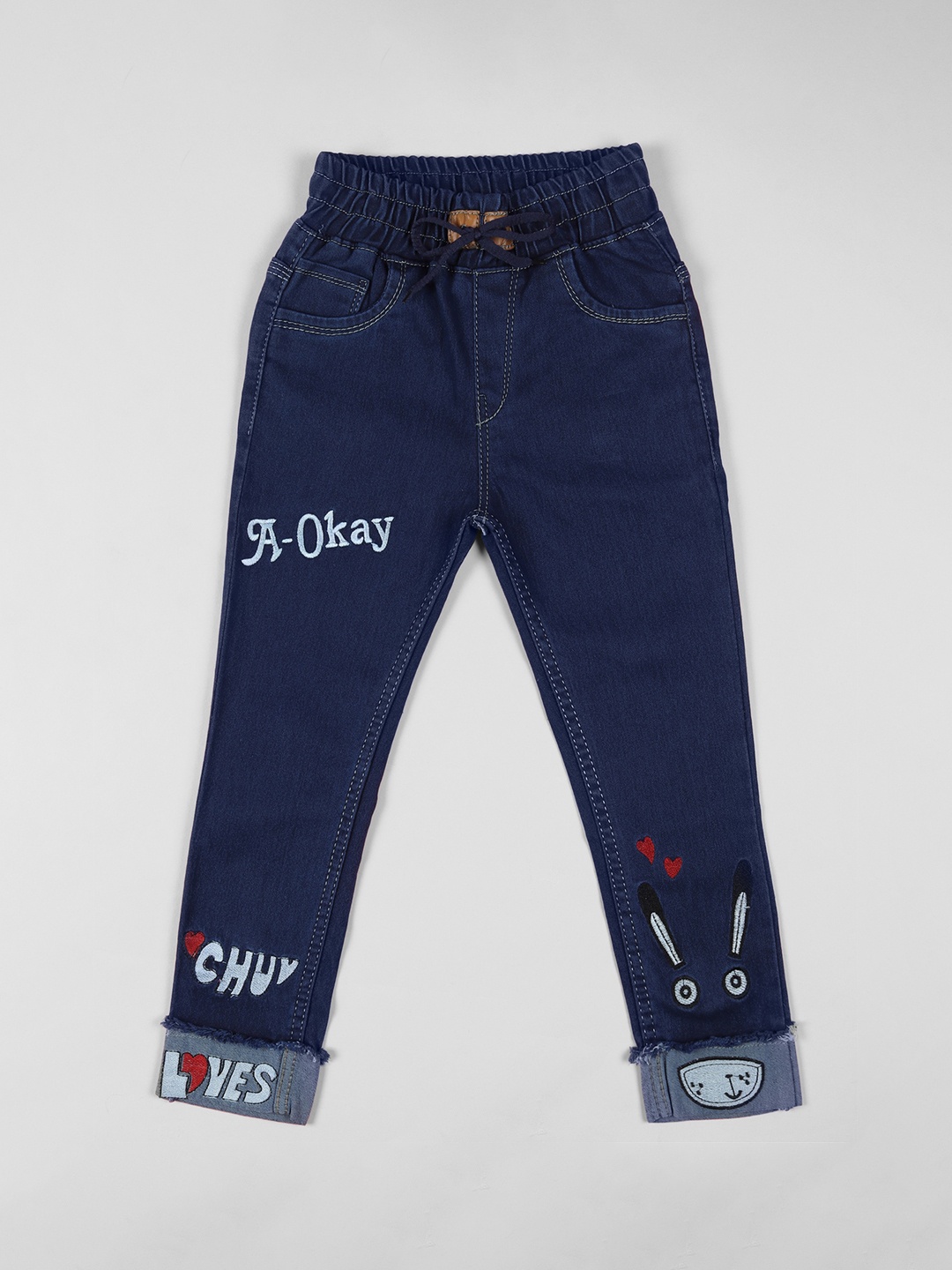 

A-Okay Boys Cotton Slim Fit High-Rise Cuffed Hem Jeans, Navy blue
