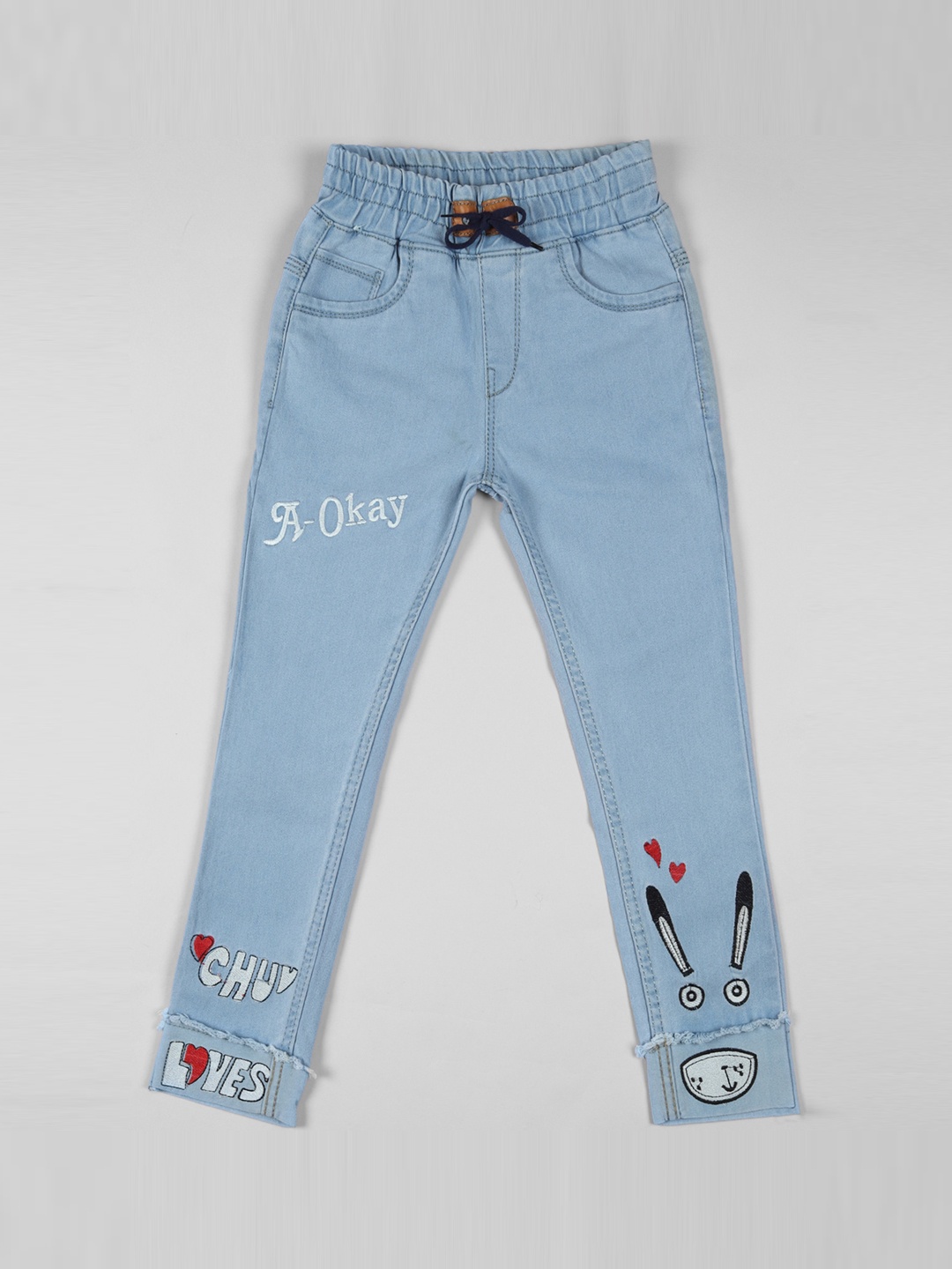 

A-Okay Unisex Kids Slim Fit High-Rise Cuffed Hem Jeans, Turquoise blue
